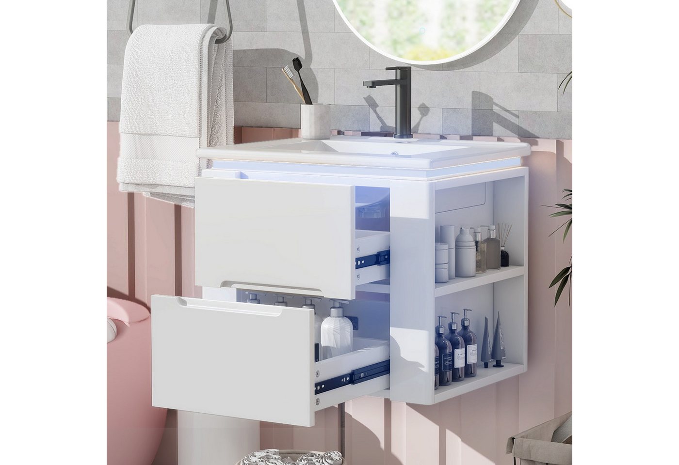 Merax Waschtisch mit LED-Radarsensorbeleuchtung & doppelseitigen Ablagen (Badschrank Badmöbel, 1-St., 61x46x48.5cm), Hängender Badezimmerschrank mit Waschbecken, Badezimmerschrank