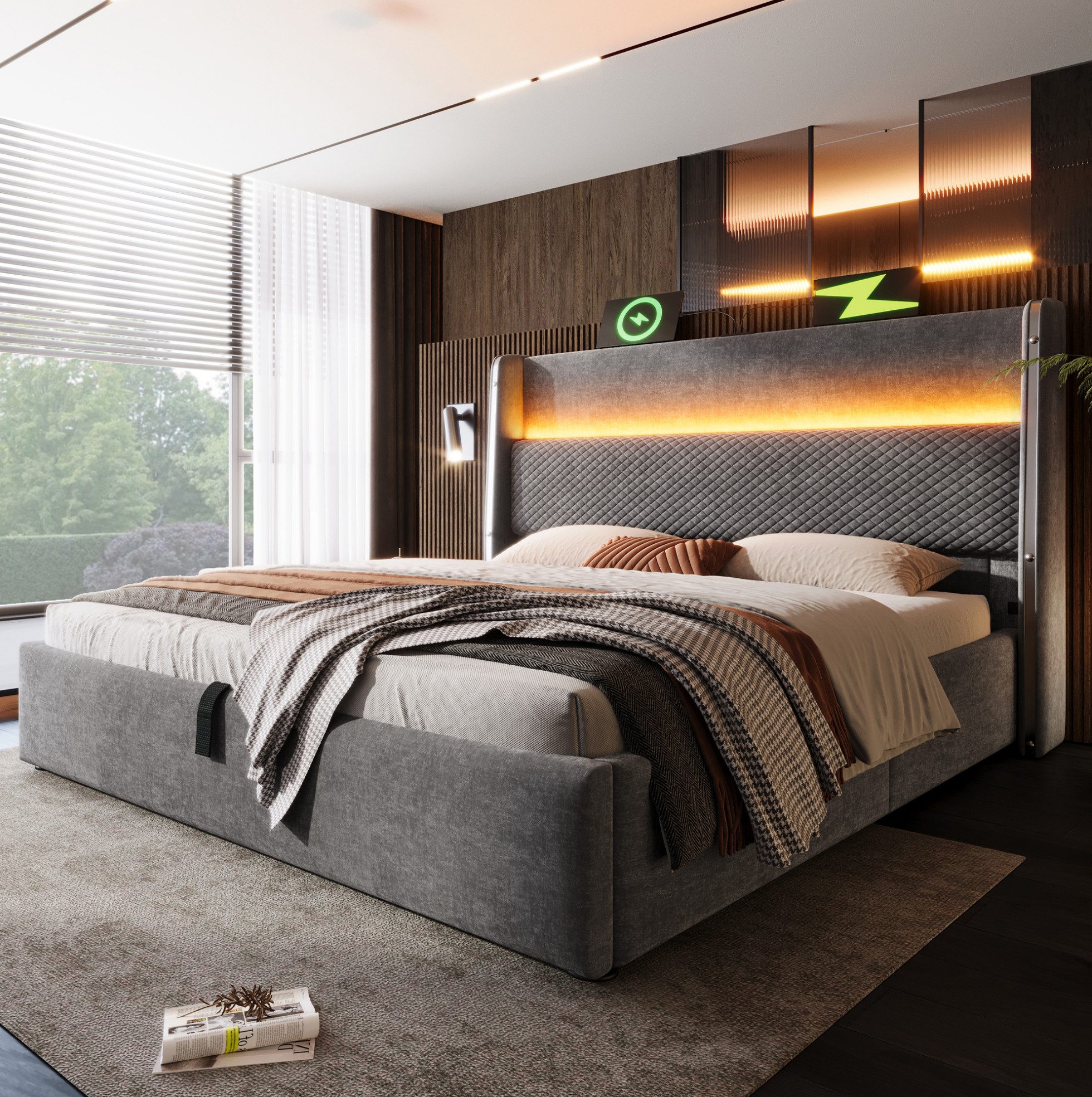 MODFU Polsterbett Doppelbett mit hohem Kopfteil & hydraulischem Stauraum (Packung, Grau, 160×200 cm, Leinen, für Schlafzimmer), LED, USB/Type-C, mit Matratze