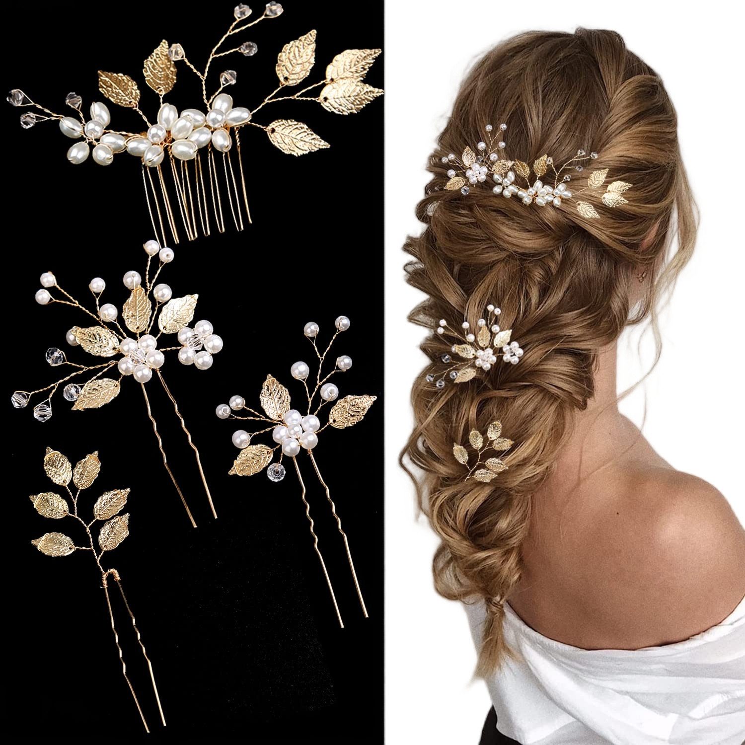 Zaewry Haarspange Braut-Haarspangen Blatt Haarclips Blumen-Design, Vintage-Haarschmuck, Mit Kristall- und Perlenverzierung, 4-tlg., für Braut, Brautjungfern, Frauen und Mädchen