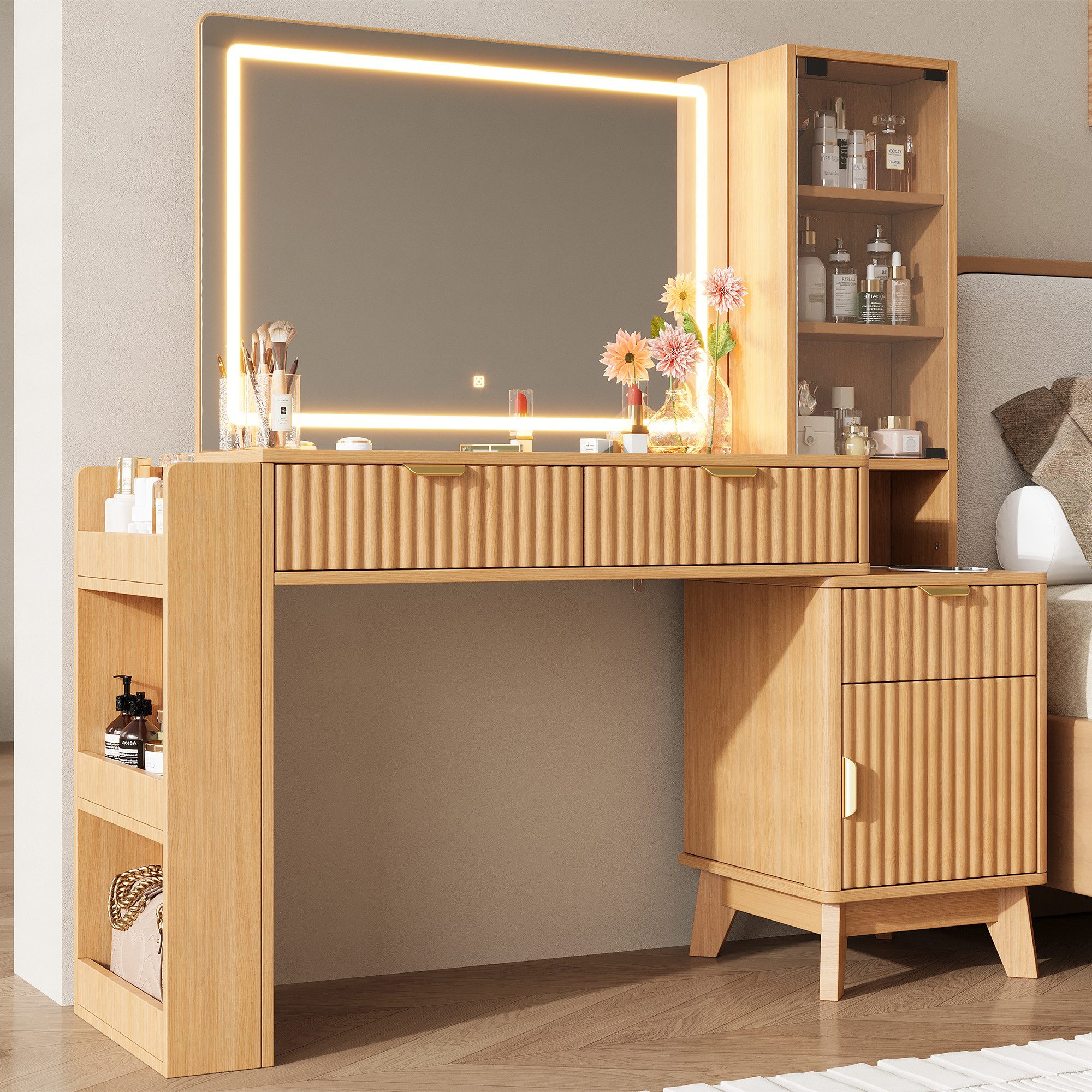 STILVORA Schminktisch Kosmetiktisch mit Spiegel Kommode mit 2 Steckdosen in Holzoptik (Französischer Stil, LED-Spiegel, Glasablage, viel Stauraum, 3 Schubladen, Schrank, USB, USB-C, dimmbares Licht), für Schlafzimmer, Ankleidezimmer, Apartment, Jugendzimmer
