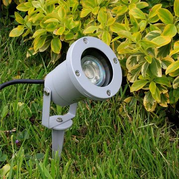 SSC-LUXon LED Gartenstrahler Grauer Gartenstrahler KARI rund mit Kabel und Spiess, IP65 GU10 230V