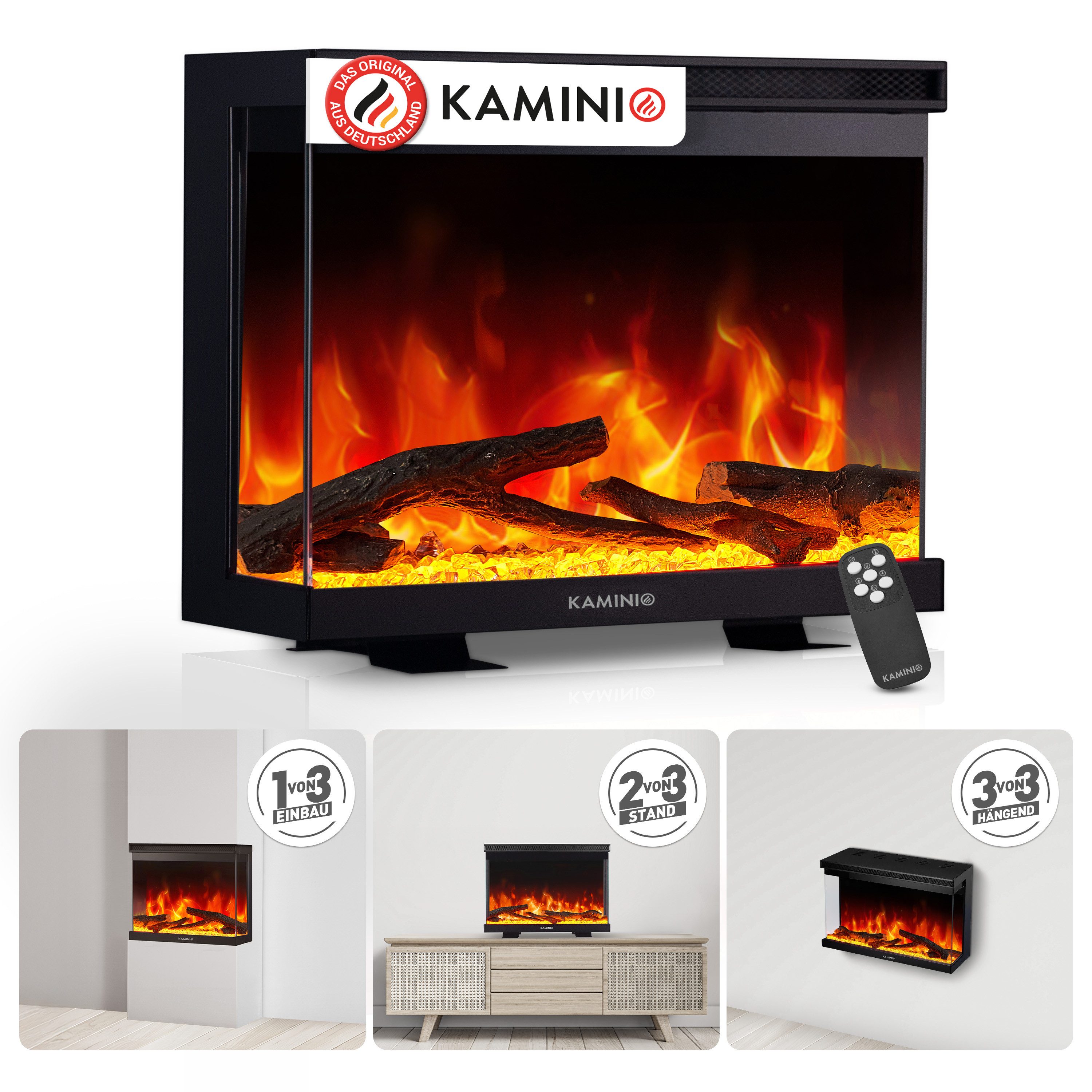 KAMINIO Elektrokamin LEA, 3in1 Kamin: Elektrischer Stand-, Wand- und Einbaukamin, Panoramaview