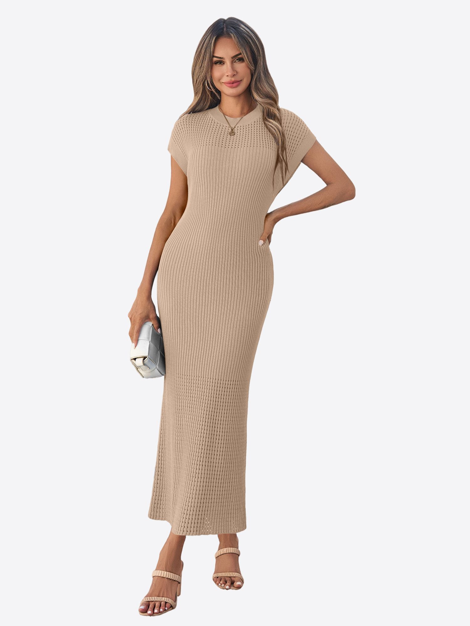 Imily Bela Strickkleid Damen mit Kurzarm und Rundhals Casual (Packung, 1-tlg., 1per-Pack) in Unifarbe mit Lochmustern und Rippstrick