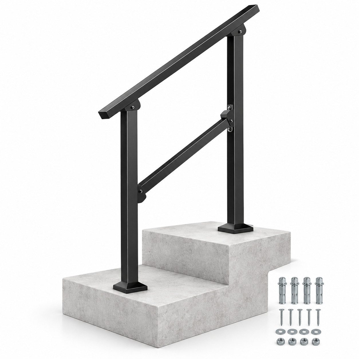 LEMLIT Brüstungsgeländer Treppengeländer Außen 0-48° Verstellbar, Für 0-2 Stufen, Schwarz, 67.3 cm Länge, 67.3 cm Höhe, 1er Set, 1-tlg., Verstellbarer Treppenhandlauf / Treppengeländer, Seitliche Montage, Inkl. Montagematerial, Für Innen Und Außen