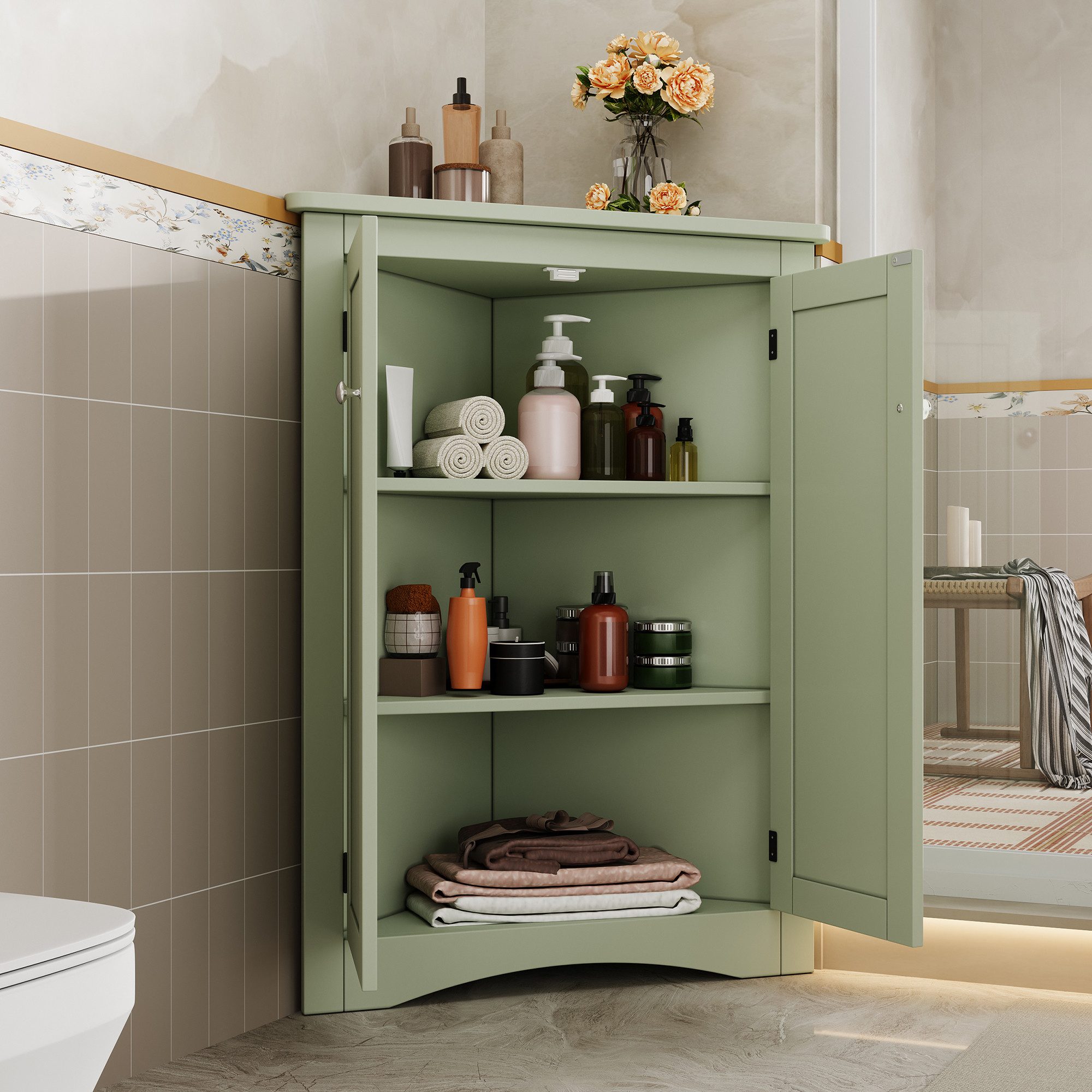 Celya Vitrine Eck-Schrank für Badezimmer, Freistehender 2-türiger Dreiecks (für Bad, Küche, Wohnzimmer (61,5 x 90 cm), mit lackierter Oberfläche, platzsparend)  – Bild 5 von 5