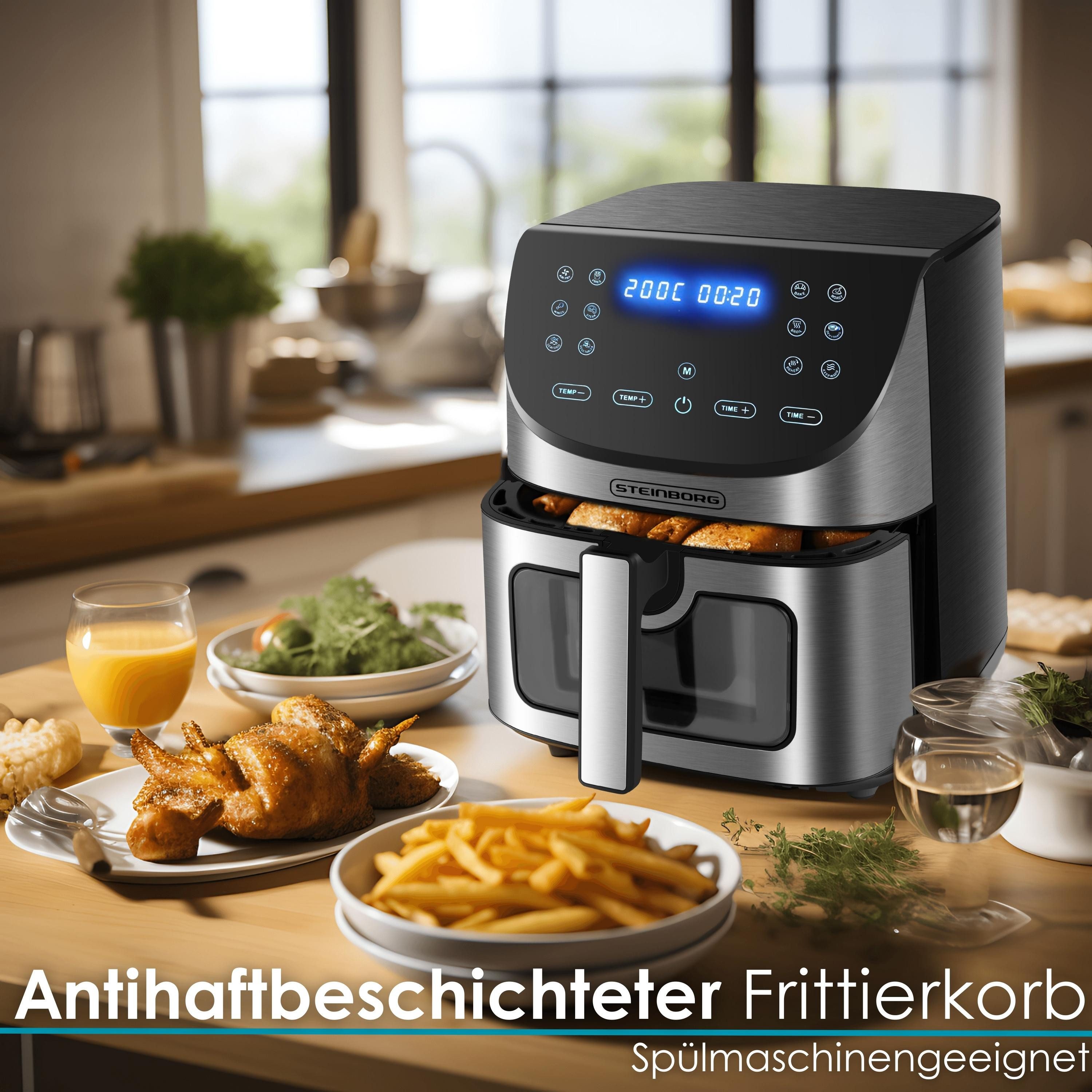 STEINBORG Heißluftfritteuse, 1700 W, 3-in-1 Allroundgerät,12 automatische Programme,LED-Touch-Display