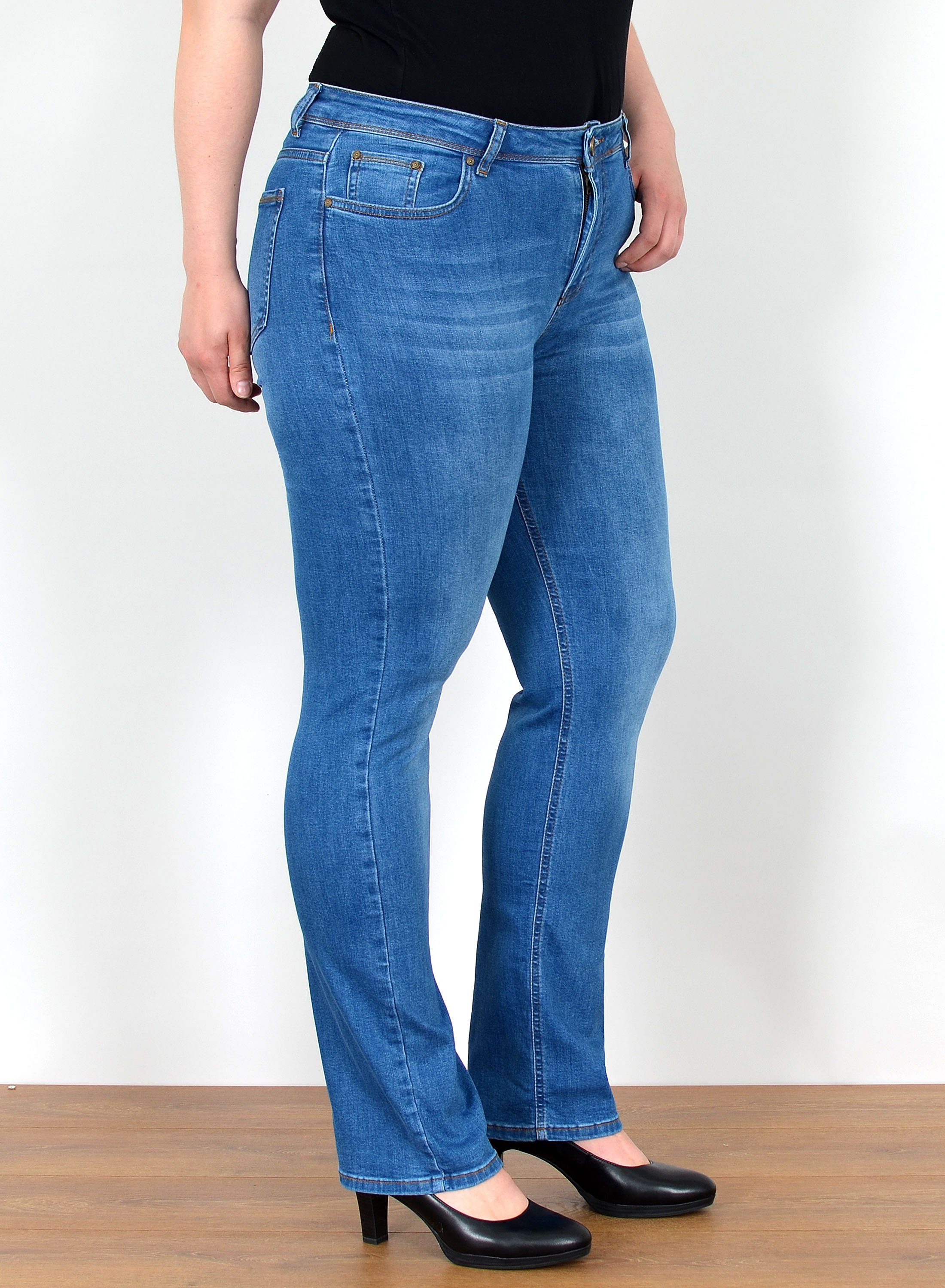 ESRA Straight-Jeans Straight Fit Jeans Damen High Waist Jeans-Hose Regular bis Übergröße Gerade Schnitt Jeanshose Damen hohe Leibhöhe Stretch Jeans Straight