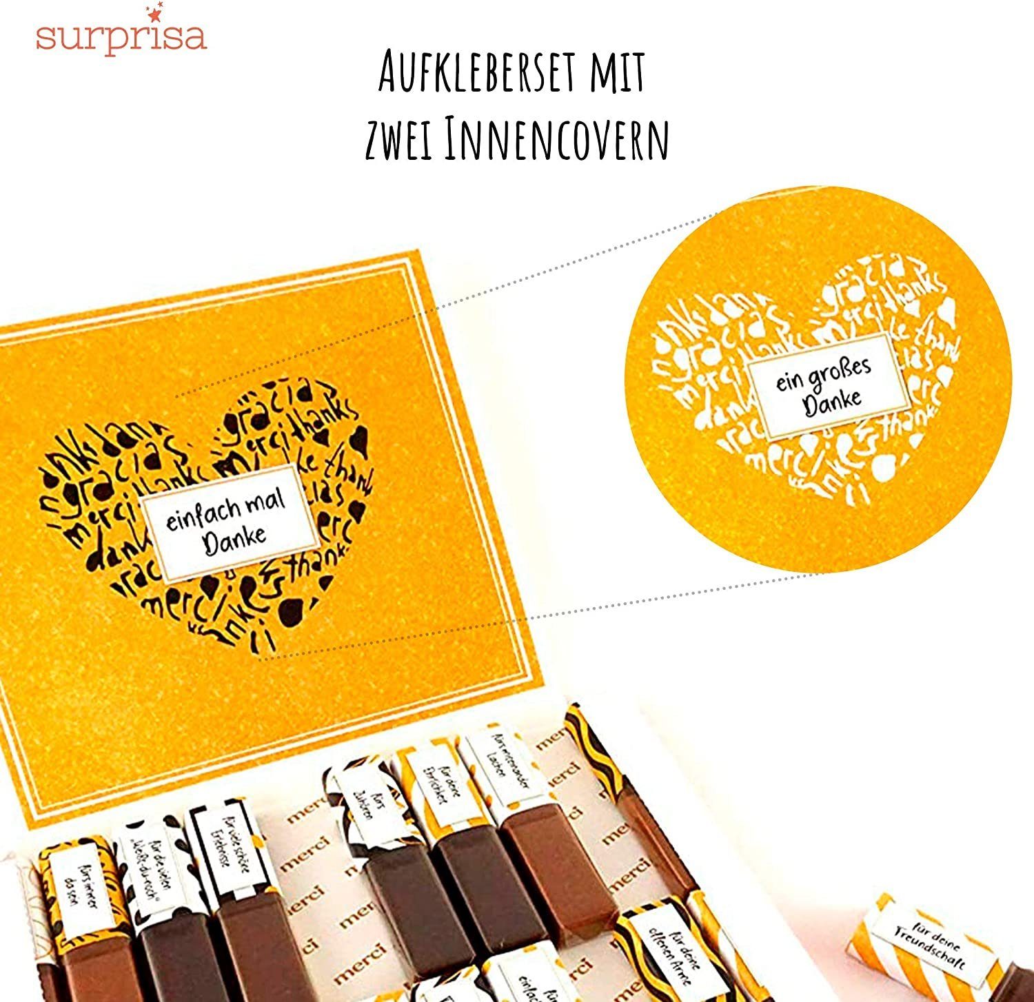 SURPRISA Aufkleber Set 'Danke' für Merci Schokolade, individuelles Geschenk, um Danke zu sagen