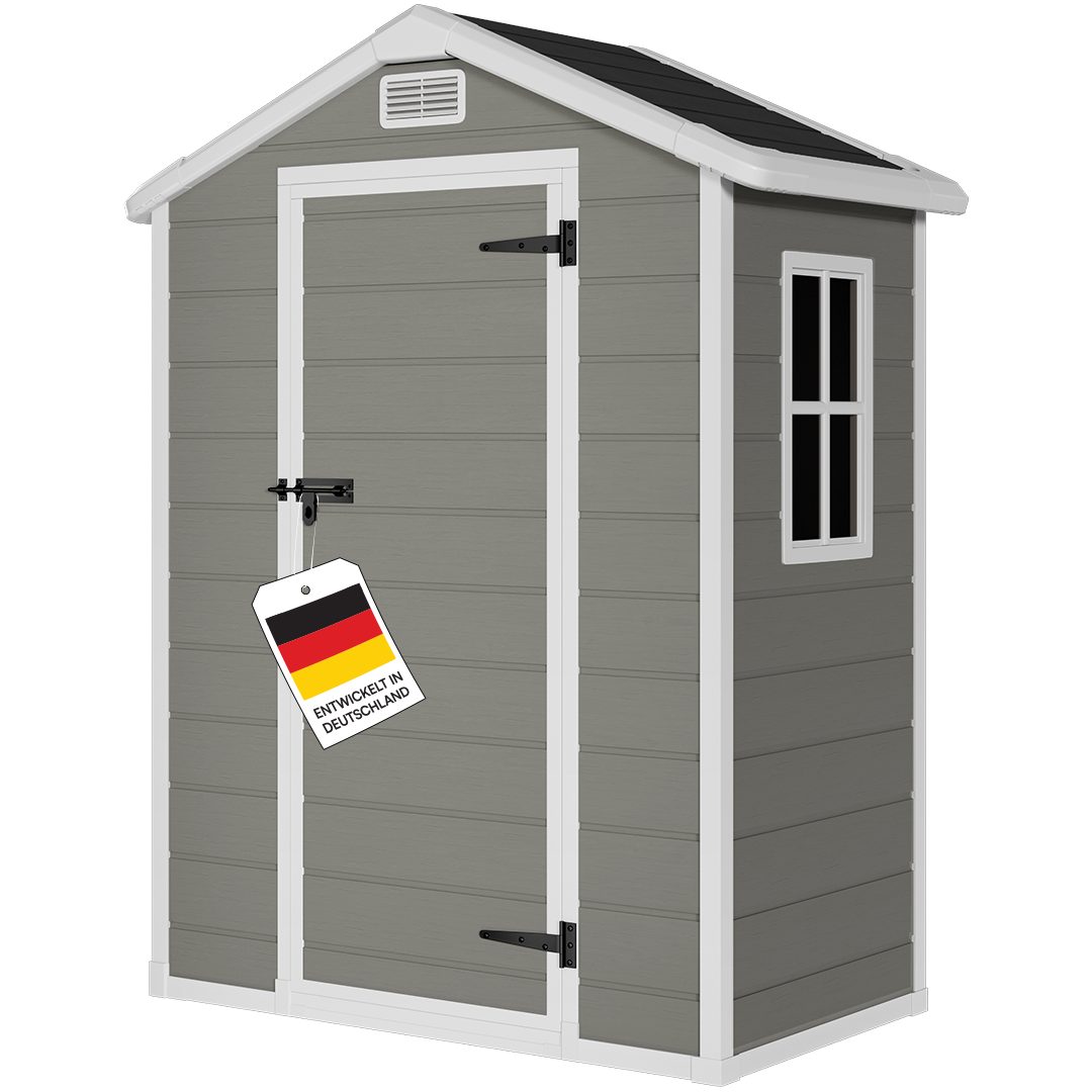 STEELSØN Gerätehaus Novara Gartenhaus mit Bodenplatte, wetterfest, Schuppen inkl. Fenster, Grau/Schwarz, Geräteschuppen mit Satteldach M, Schuppen aus Kunststoff