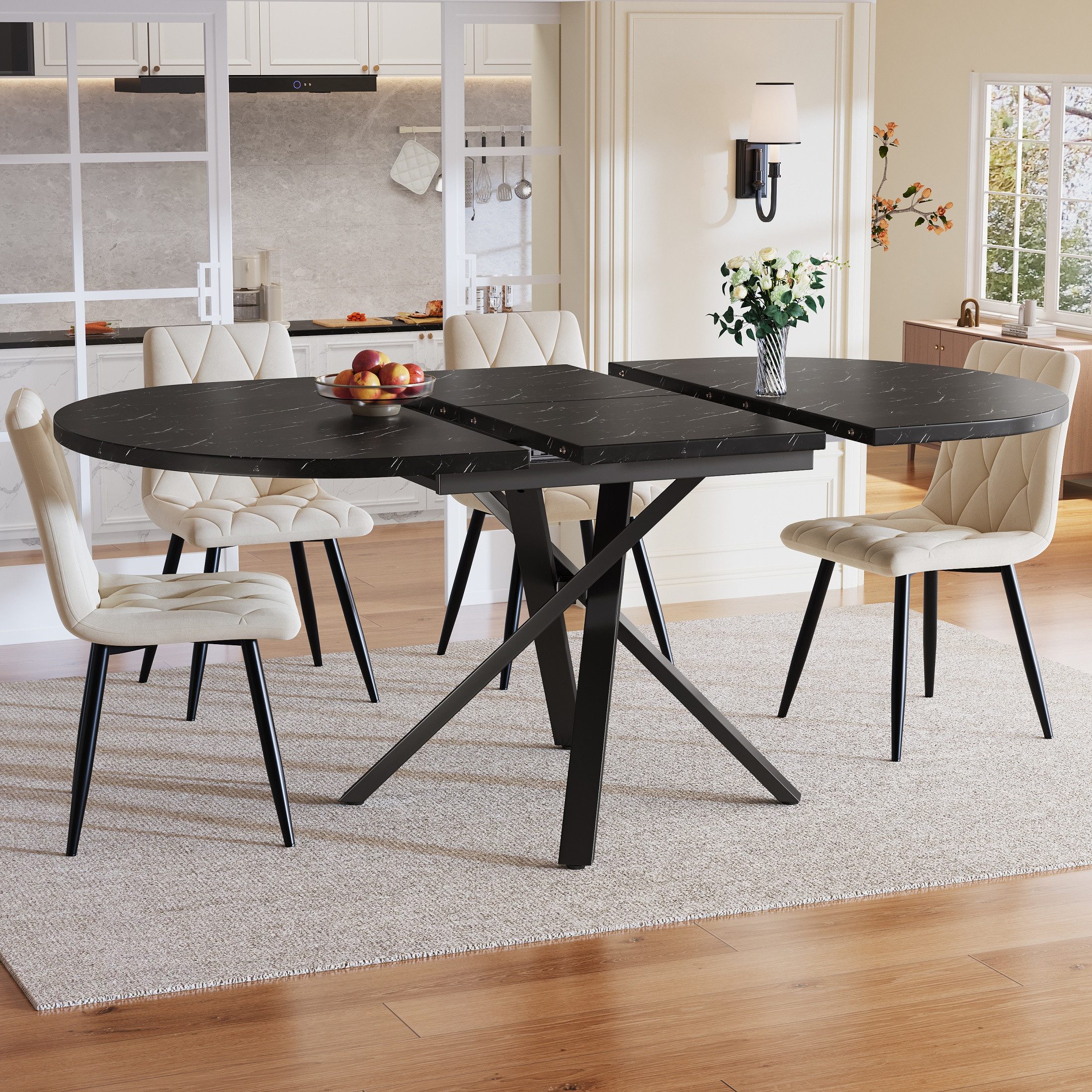 autolock Essgruppe Essgruppe mit rundem Ausziehtisch 100–140 cm, 4 Beige Velours Stühlen, (5-tlg., 1 Esstisch 4 Esszimmerstühle), Moderner Esstisch für 4–6 Personen 4 Esszimmerstühle