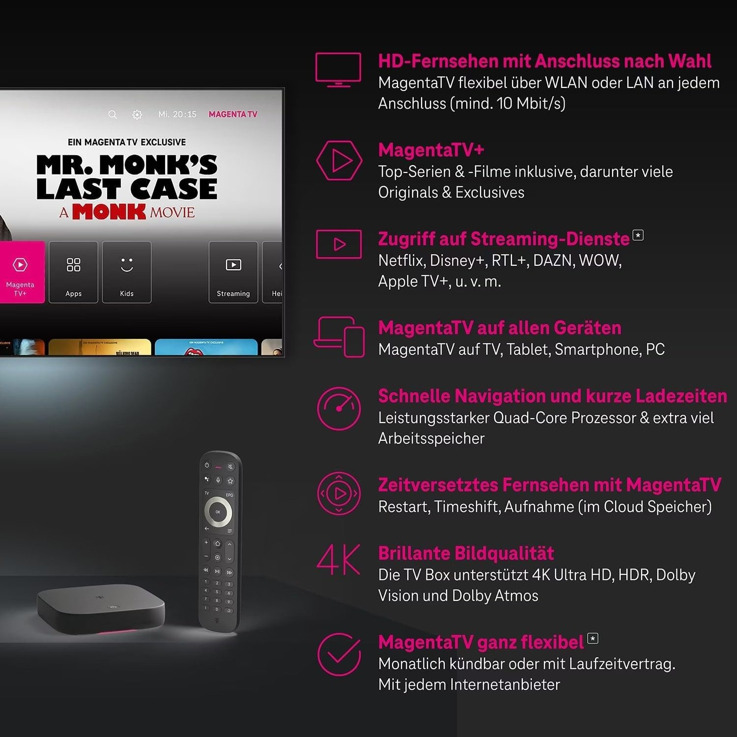 T-Home Streaming-Box Telekom MagentaTV One, Android TV, 4K UHD, HDR10, WiFi, Dolby Atmos, (Media Player, Timeshift, Fernsehen, VoD), 4K Ultra HD, Sprachsteuerung, Internet TV Box