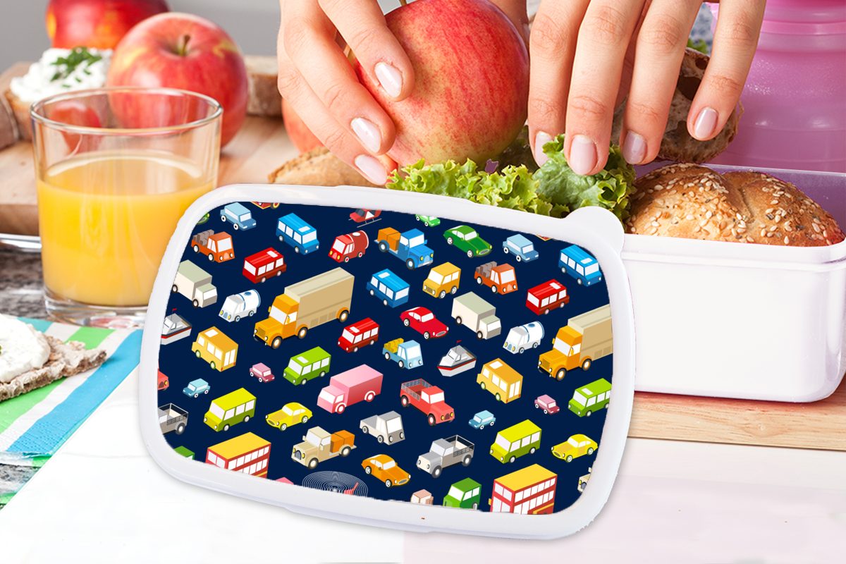 MuchoWow Lunchbox und - für und Brotdose, Kinder Muster (2-tlg), Auto Kunststoff, Brotbox für Jungs weiß Erwachsene, Mädchen Verkehr, 