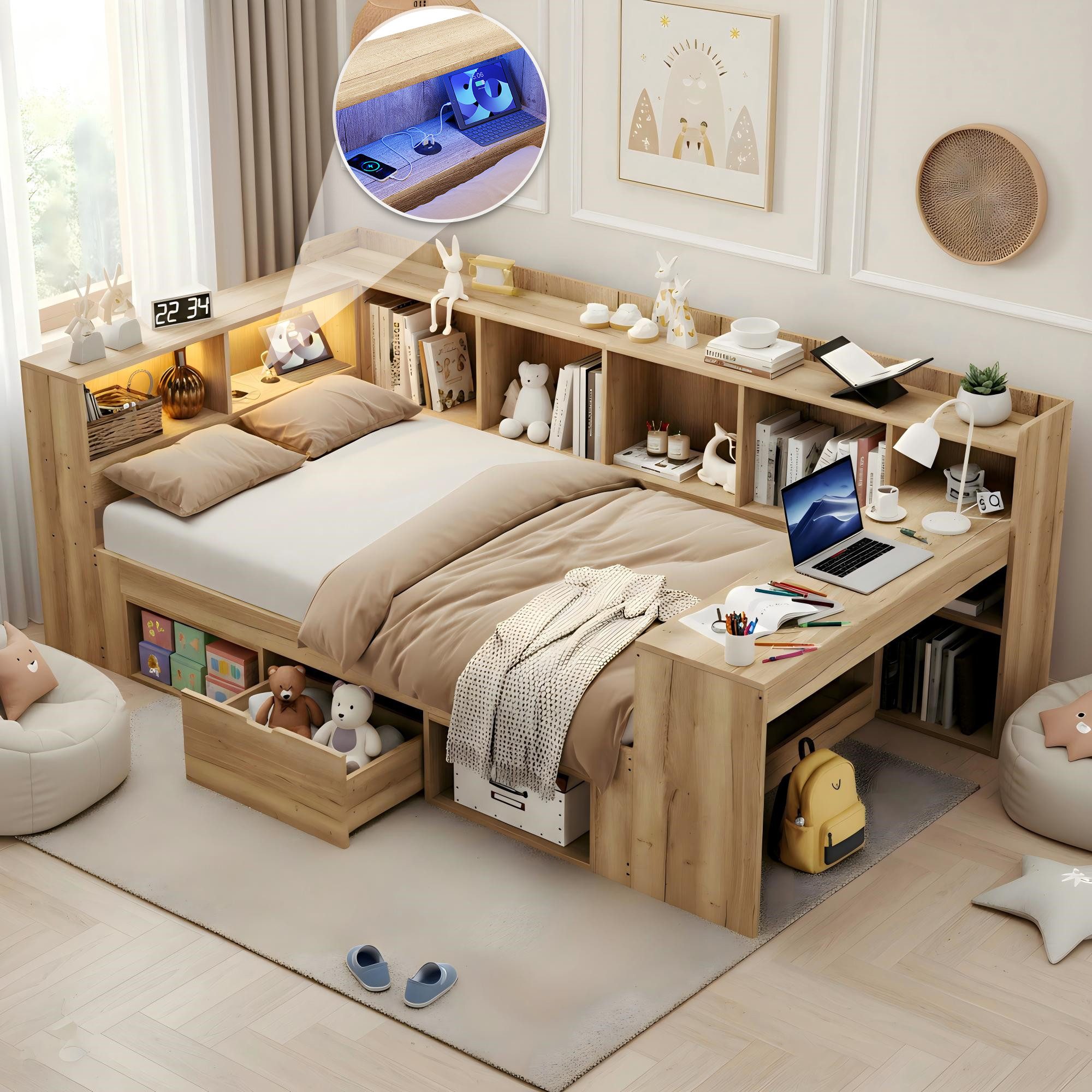 Odikalo Schlafsofa Holzbett 90x200 140x200 mit Schreibtisch LED & USB, mit LED-Beleuchtung, USB Ladeanschlüsse und Schreibtisch, Einzelbett, Tagesbett, L-förmiges Holz-Plattformbett, Daybett mit Regale&Schubladen