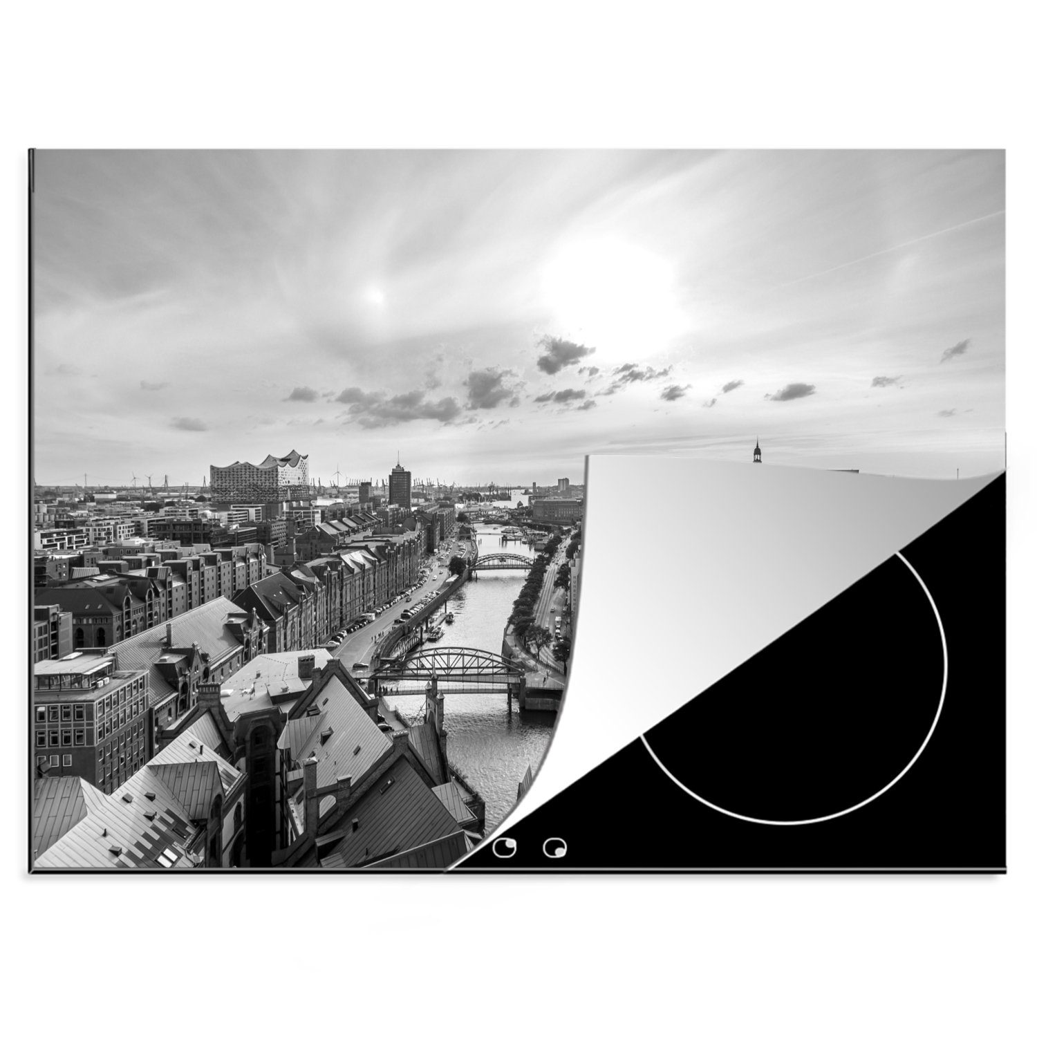 cm, Speicherstadt Hamburg nutzbar, Arbeitsfläche Vinyl, MuchoWow 70x52 Mobile Ceranfeldabdeckung (1 Herdblende-/Abdeckplatte schwarz-weiß, tlg), -