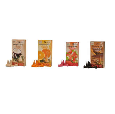 KNOX Duftkerze 4er Set: Erdbeere / Kokos / Schokolade / Orange, Räucherkerzen - Inhalt jeweils 24 Stück - Made in Germany