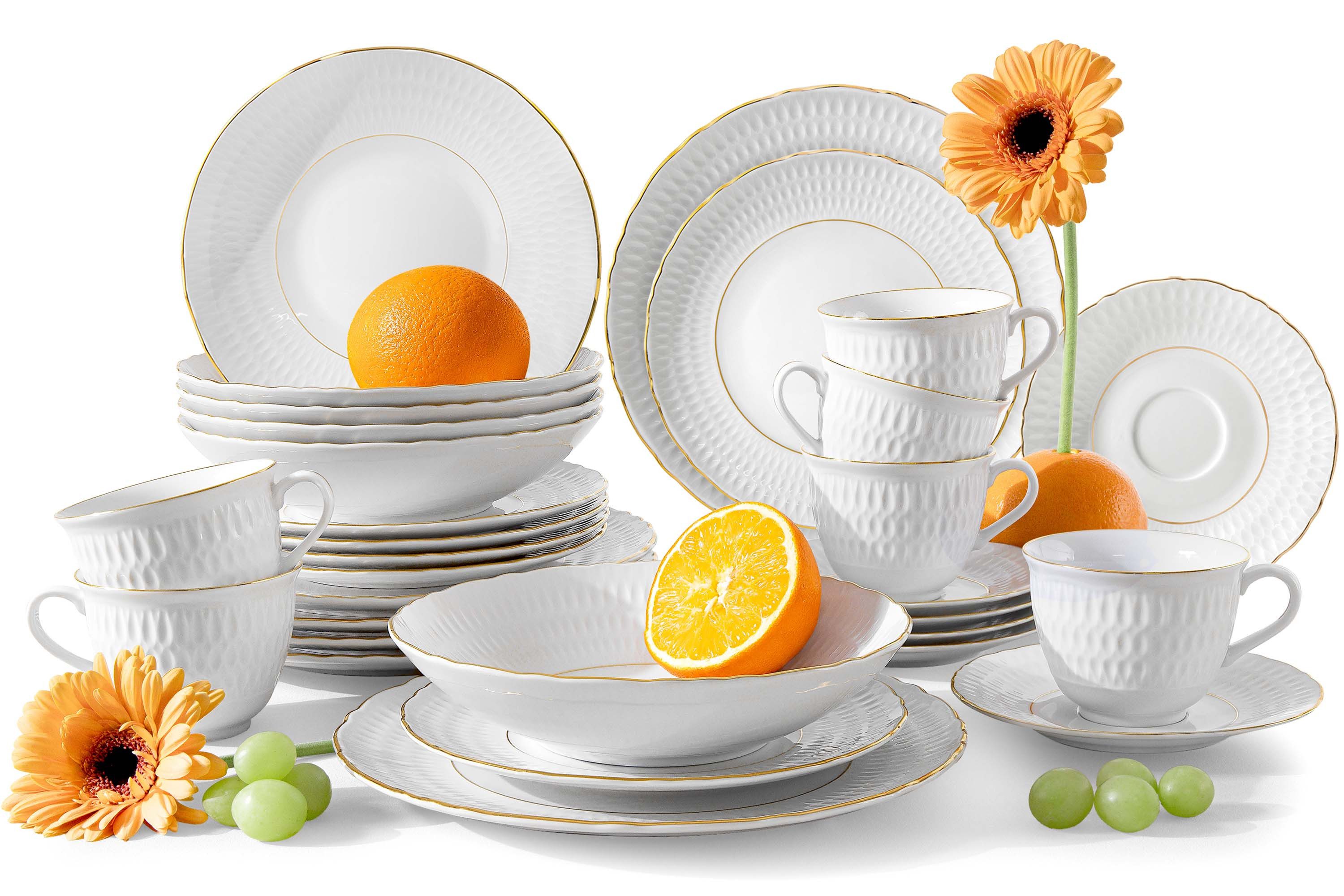 KONSIMO® Kombiservice CMIELOW SOFIA Kaffeeservice, Tafelservice, Geschirr-Set (30-tlg), 6 Personen, Porzellan, Hochwertiges Premium-Porzellan, handgemalte Dekoration in echtem Gold