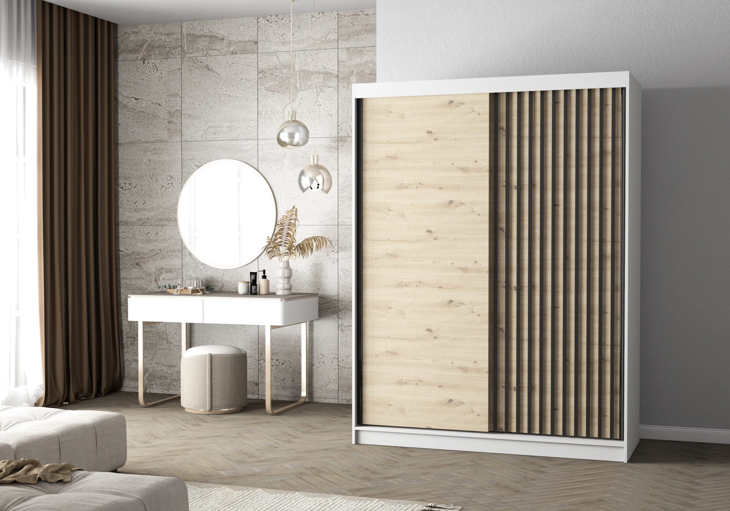 imoebel24 Schwebetürenschrank VISTA 10A 150 cm - Weiss / Artisan