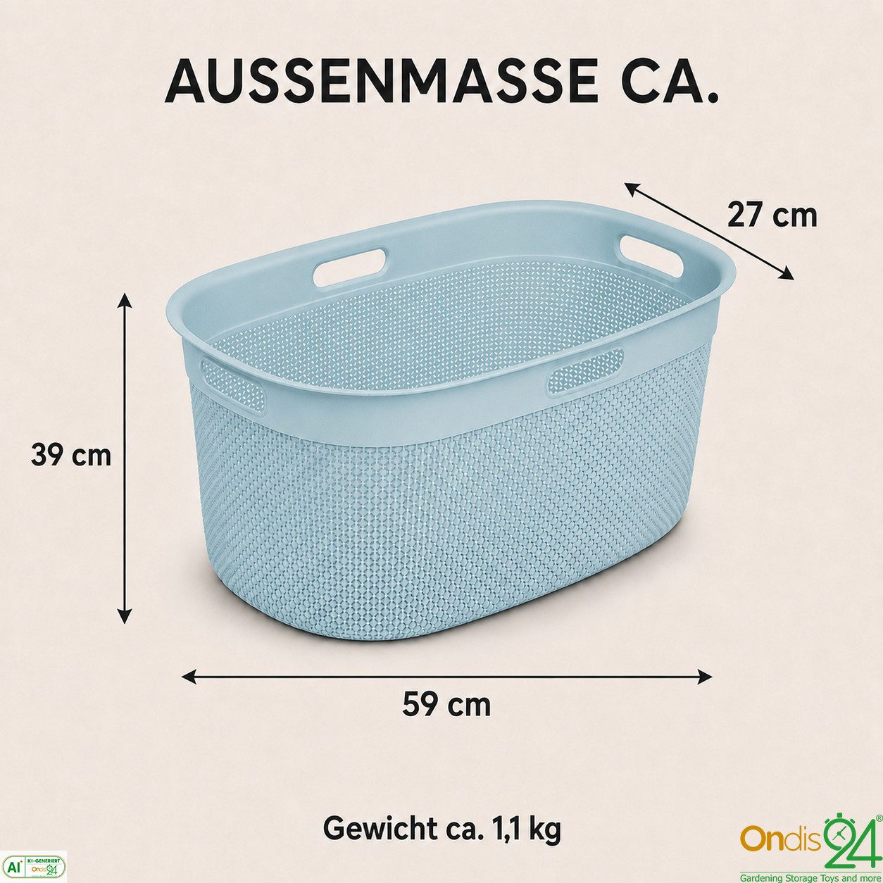 ONDIS24 Wäschekorb Tragekorb Filo 45 L, hochwertiger, geruchsneutraler Kunststoff, 45 L, belüftet und nestbar – Bild 2 von 5