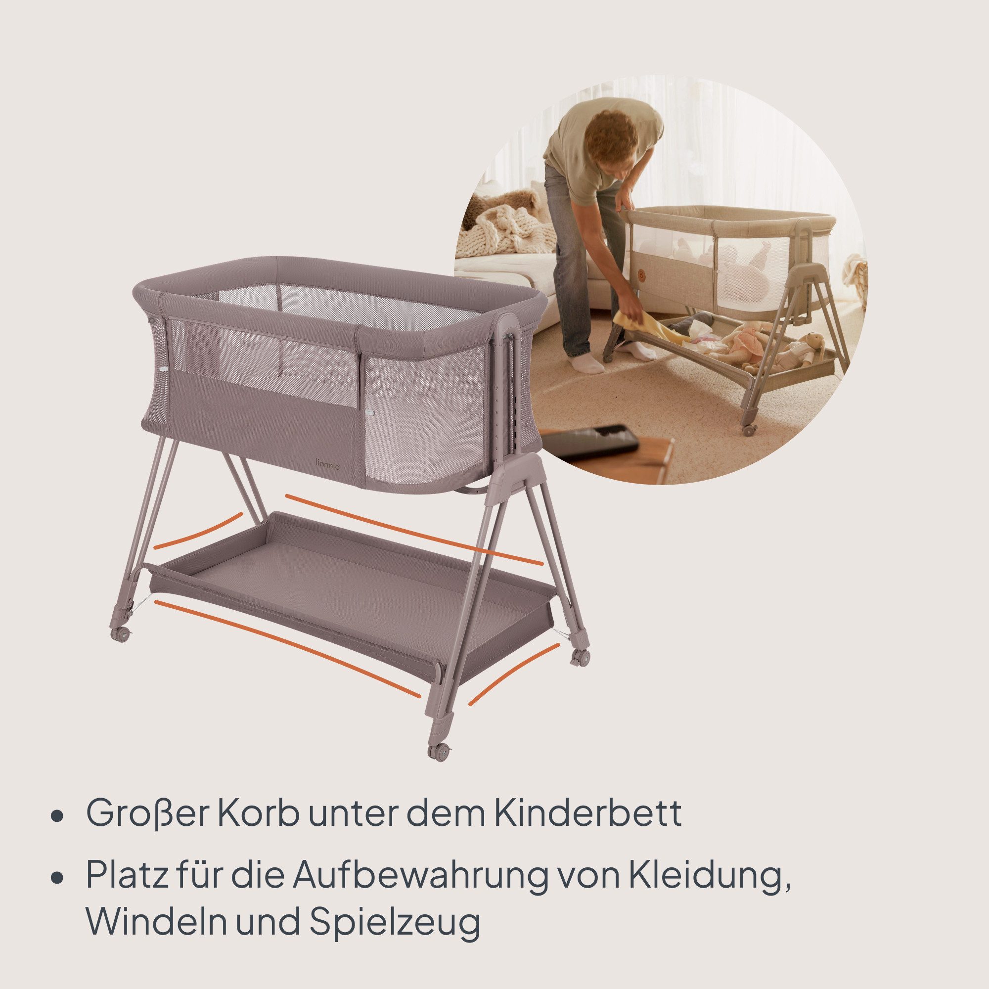 lionelo Baby-Reisebett LUNA, 2in14 Rädern mit Bremse6-stufige Höhenverstellung – Bild 4 von 5
