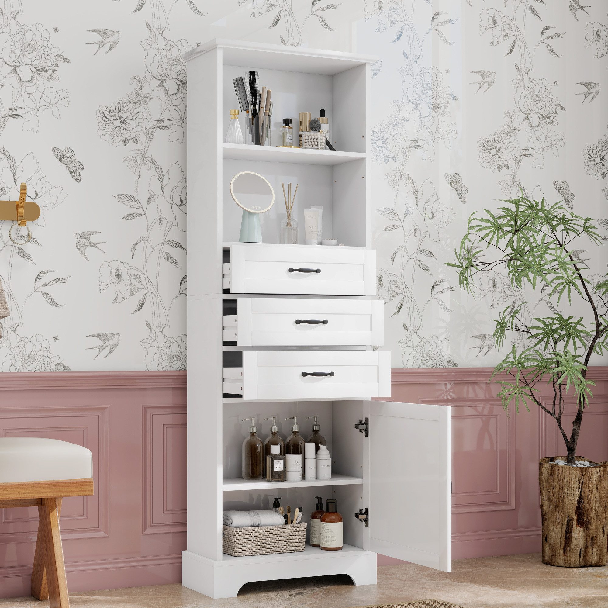 Flieks Badkommode Badezimmerschrank mit 3 Schubladen und 4 Ablageflächen (1 St., 56x25,6x167 cm), Hochschrank Mehrzweckschrank mit verstellbaren Einlegeböden Weiß