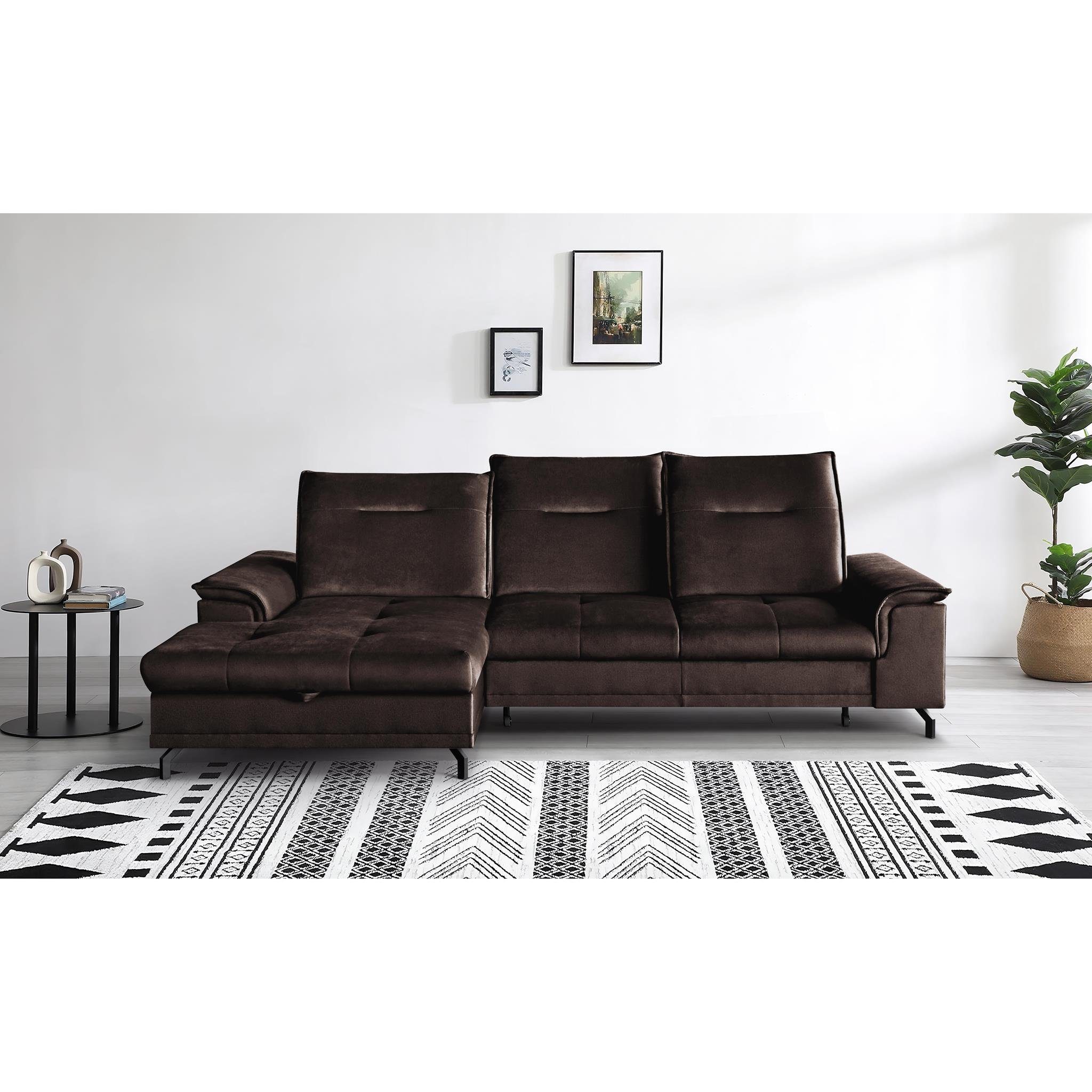 Beautysofa Ecksofa Bruno mini, moderne Ecke mit verstellbaren Kopfstützen, Sitztiefenverstellung, aus velours, kleine Corner Schlafsofa mit Bettkasten