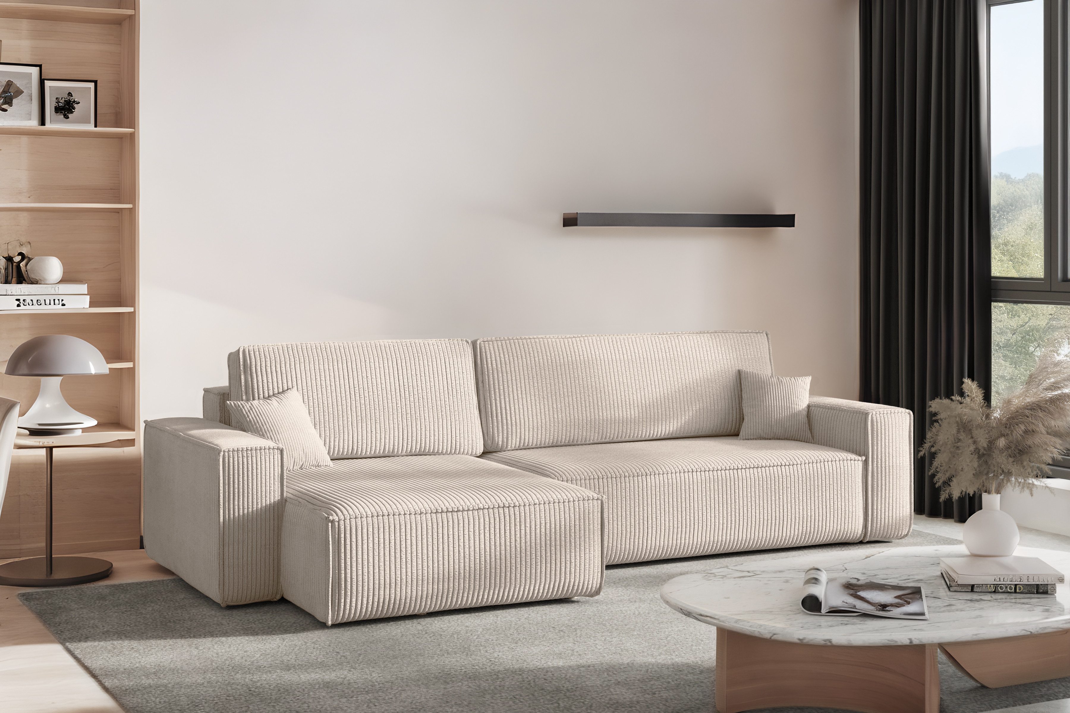 yourhouse24 Ecksofa Gepolstertes KARL XL L-Form, Cord&Bouclé-Stoff, mit Schlaffunktion und Bettkasten, Seite universal