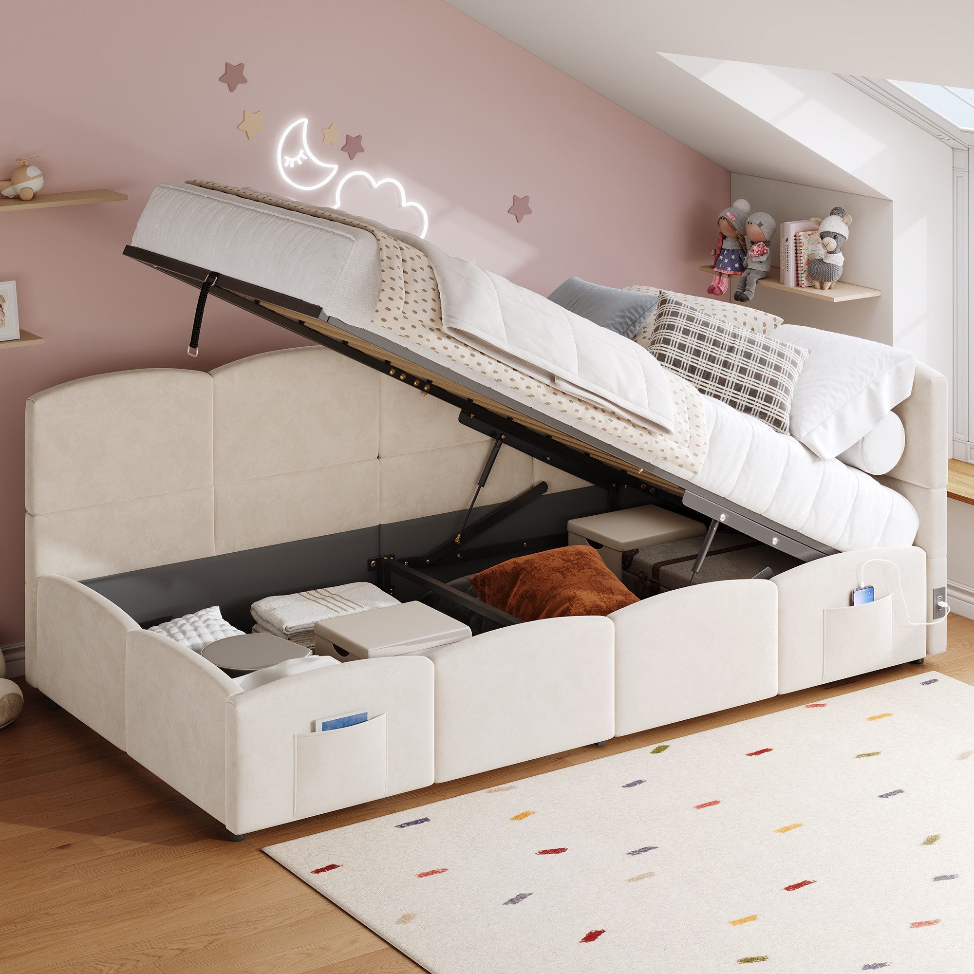 MODFU Polsterbett Schlafsofa multifunktionales Bettsofa (Einzelbett, Stauraumbett, Gästebett, 2-tlg., 90x200 cm, ohne Matratze), mit hydraulischem Stauraum und Ladefunktion