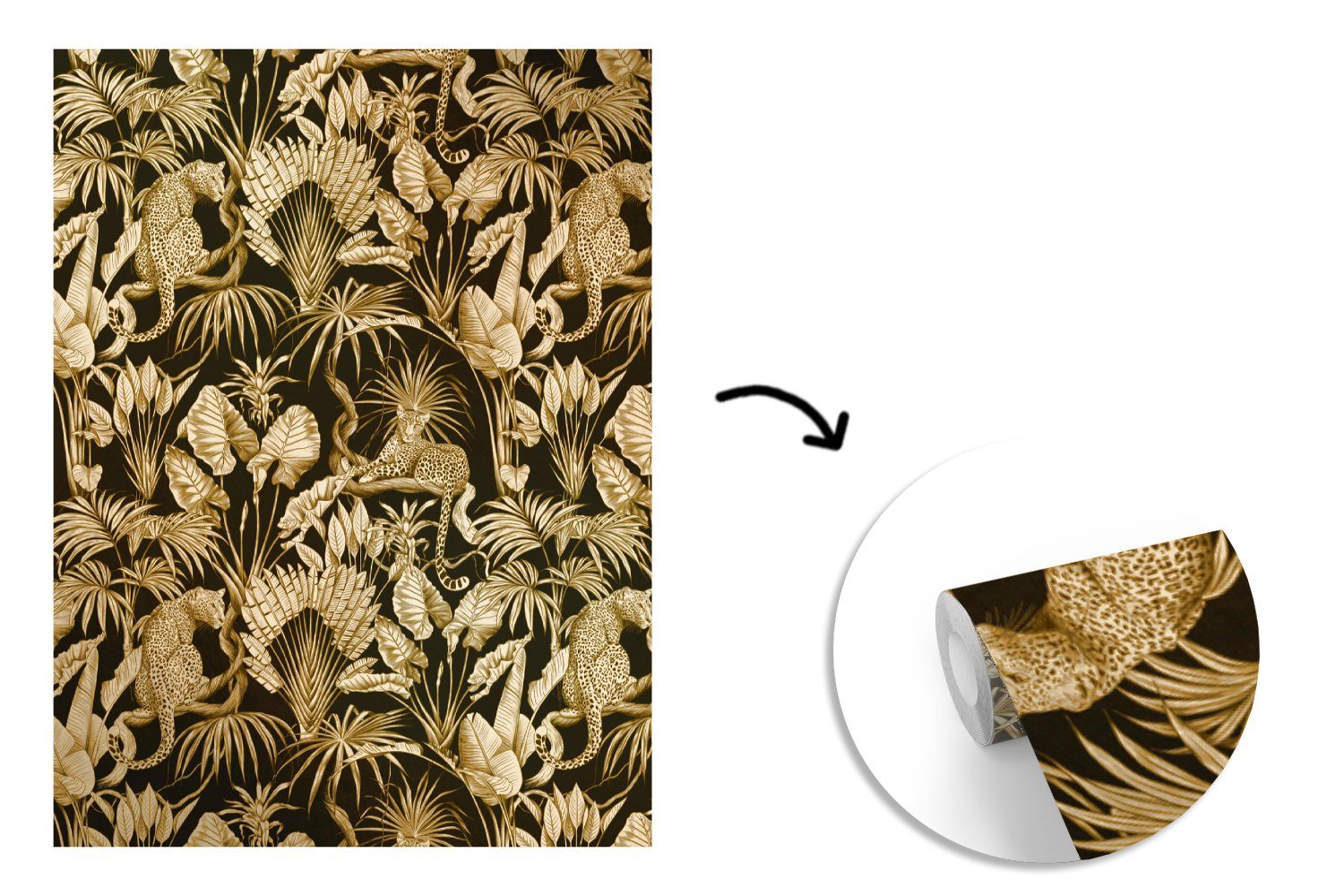 MuchoWow Fototapete Muster Gold - Gold, Schwarz für (4 Dschungel Wandtapete Tapete bedruckt, und Matt, Luxus Vinyl Montagefertig St), - - Wohnzimmer, 