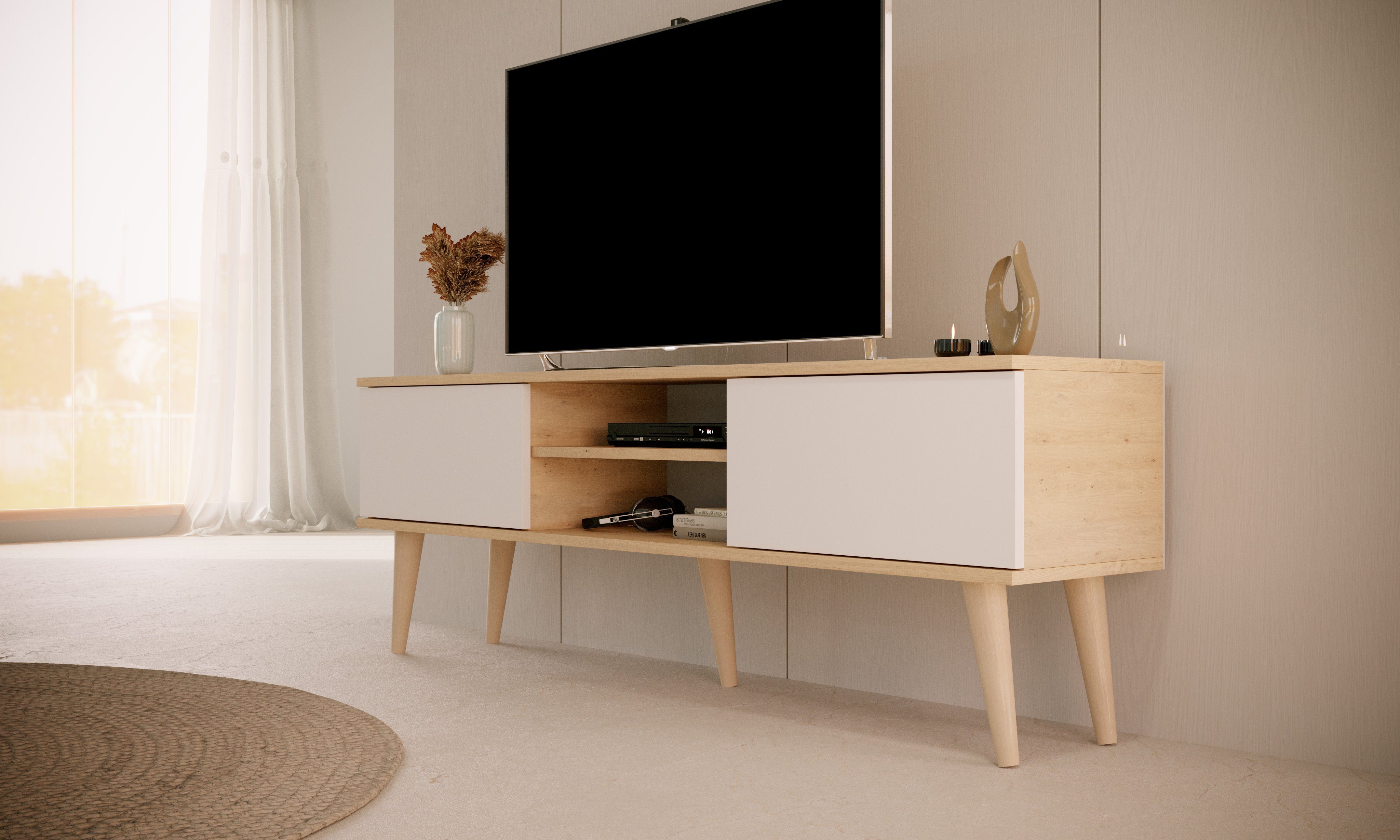 Bjird Lowboard TV-Schrank "Toronto", Breite 160 cm, Beine aus Buchenholz, für Fernseher bis zu 70 Zoll