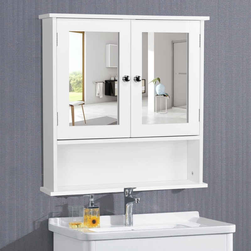 Yaheetech Hängeschrank Badschrank mit Spiegeltür, Badschrank Wandspiegel Spiegelschrank mit höhenverstellbarer Ablage für Badzimmer/Küche 56cmx13cmx58cm Weiß
