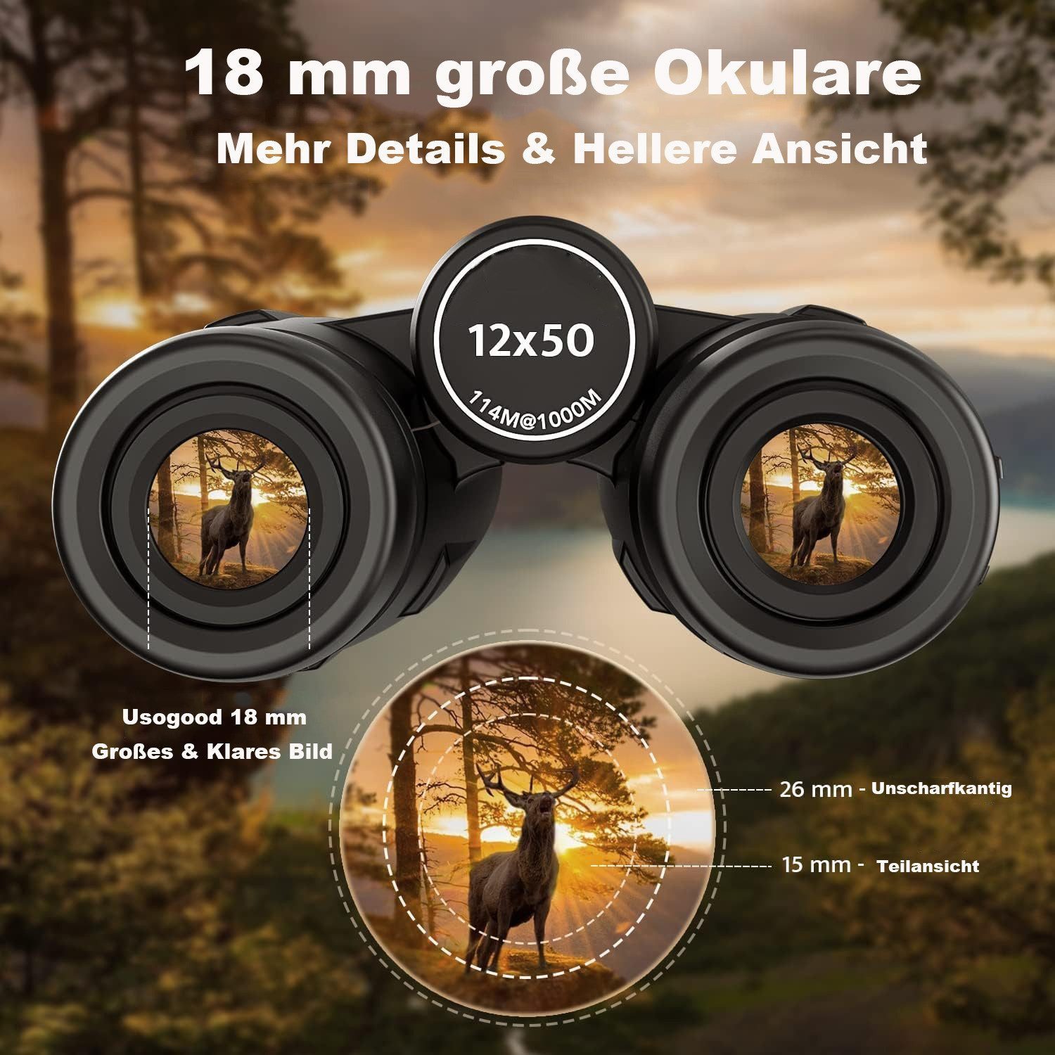 Usogood HD Ferngläser 12x50 Fernglas Erwachsene Wasserdicht Kompakte Fernglas (für Vogelbeobachtung, Jagd, Sightseeing, Sport und Konzerte, Reisen)