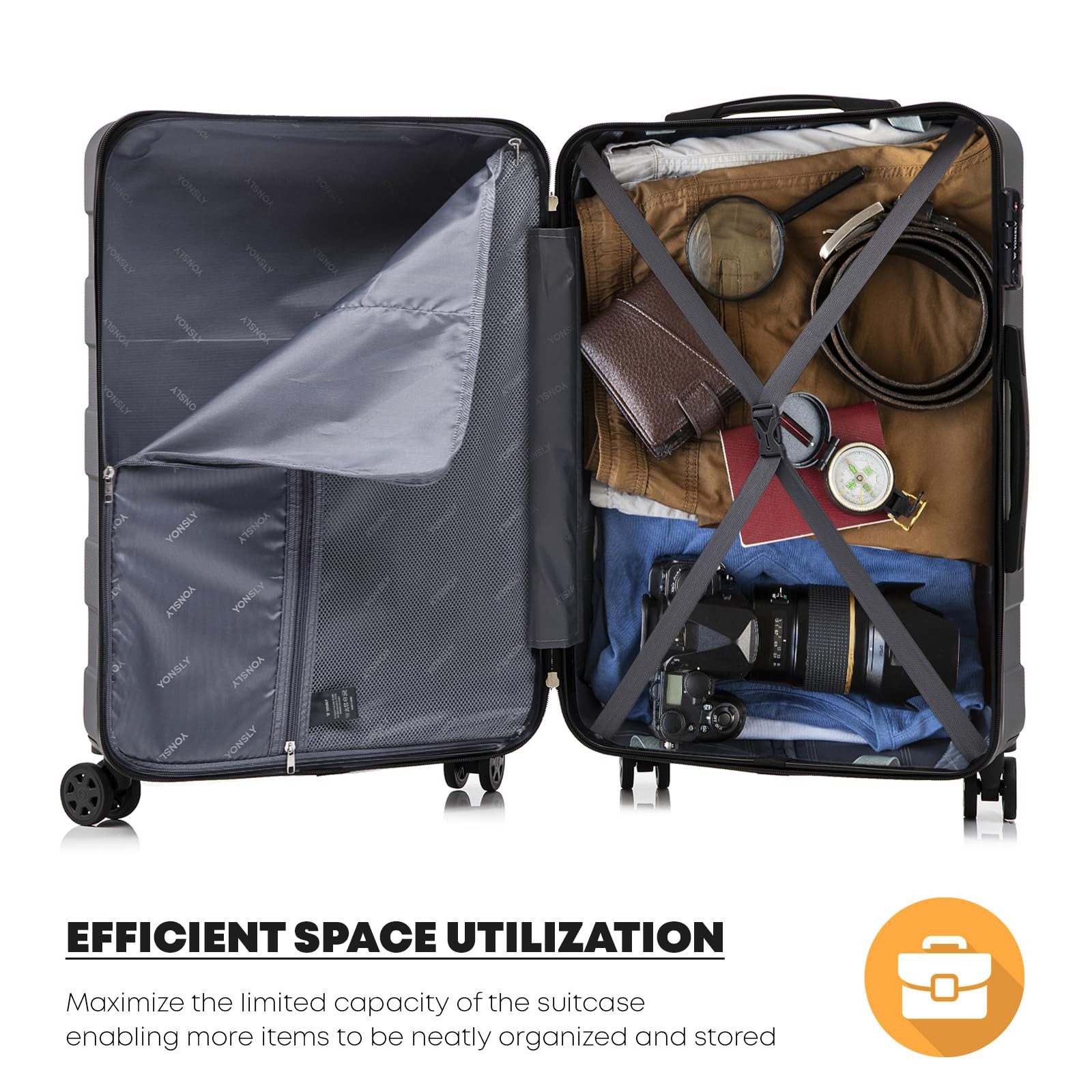 YONSLY Hartschalen-Trolley Hartschalen-Reisekoffer Trolley Rollkoffer Kabinenkoffer aus ABS, 4 Rollen, mit TSA-Schloss, YKK-Reißverschluss, austauschbaren Rollen und Griffen