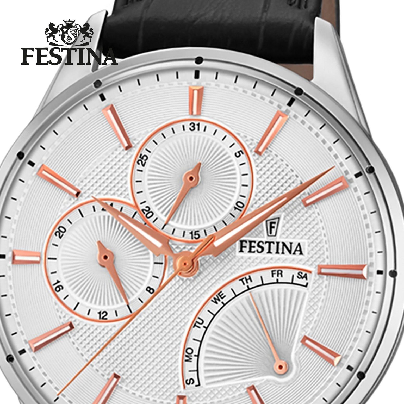 Festina Herren rund, Uhr Herren schwarz Lederarmband Armbanduhr F16974/1 Festina Leder, Multifunktionsuhr
