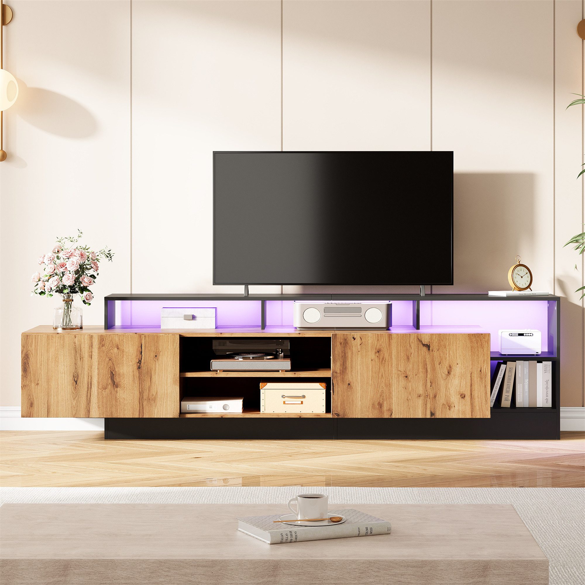 Merax Lowboard hochglanz Fernsehschrank mit LED-Beleuchtung (1 St), TV-Schrank mit 2 Klapptüren, Staufächern & Stauraum, 190×40×48,5cm