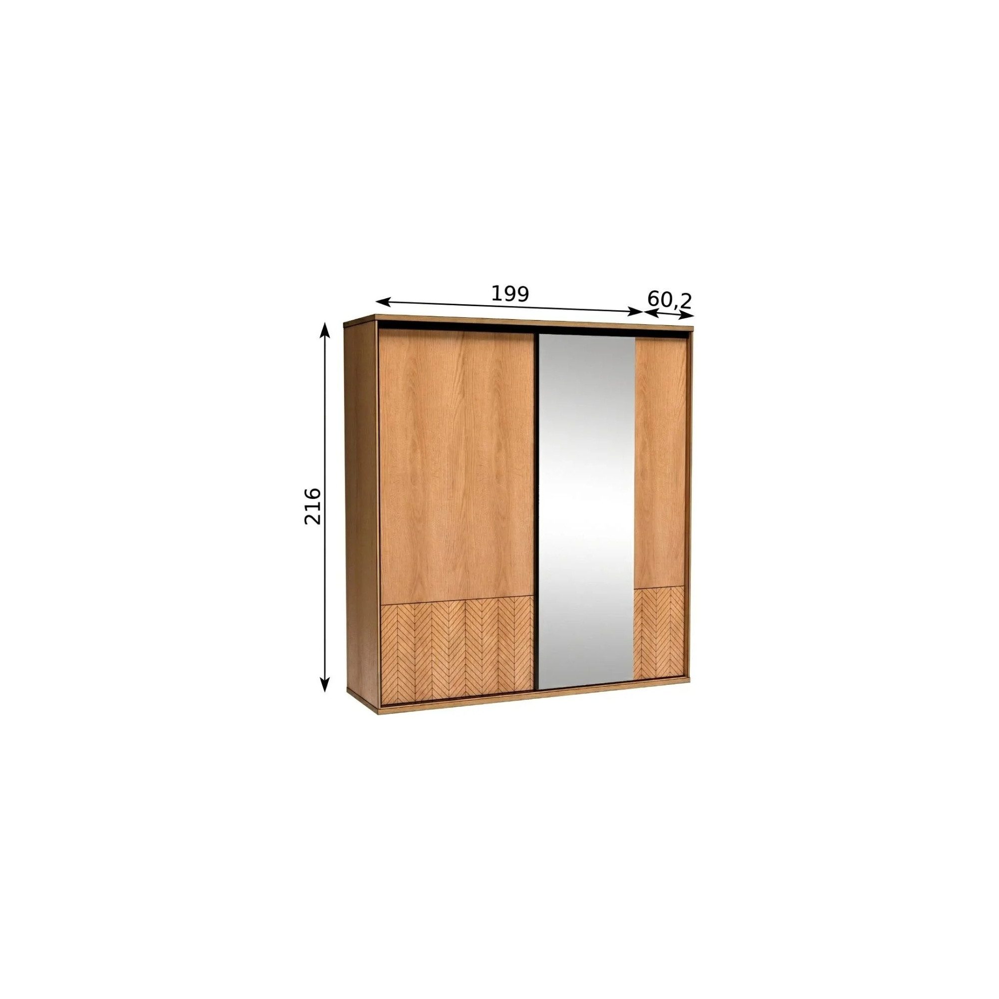 Raumhirsch Furniture Kleiderschrank Garderobenschrank, Schrank mit Spiegel, Schwebetürenschrank (Maße: 199 x 60,2 x 216 cm (Schiebetüren, Kleiderstange, Einlegeböden) Fischgrät-Front, Eiche-Caramel-Dekor, natürliche Optik