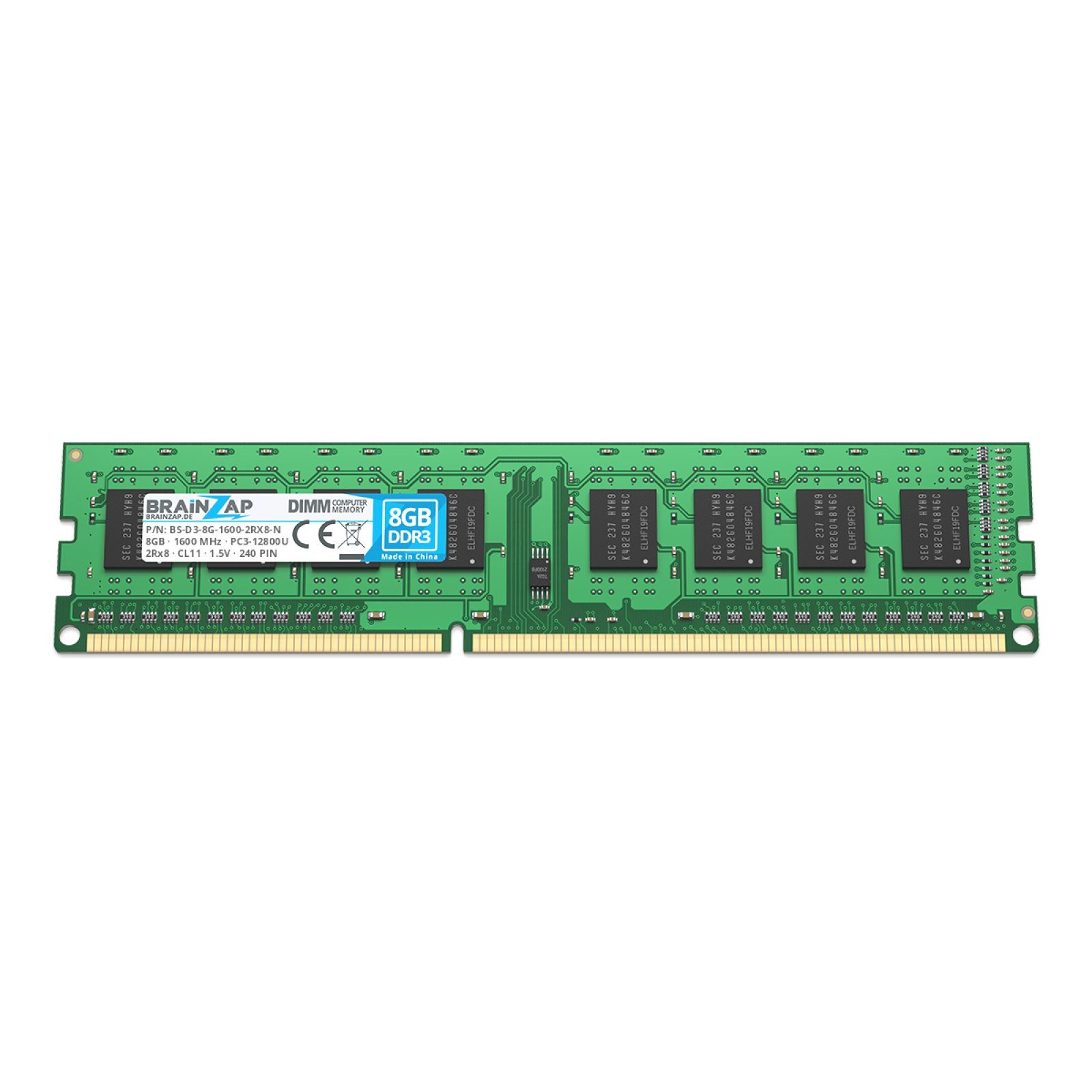 BRAINZAP 8GB RAM PC3-12800U-11 DIMM PC-Arbeitsspeicher (1600 MHz, CL11, 2Rx8, Non-ECC, Unbuffered, Desktop-PCs - Intel und)