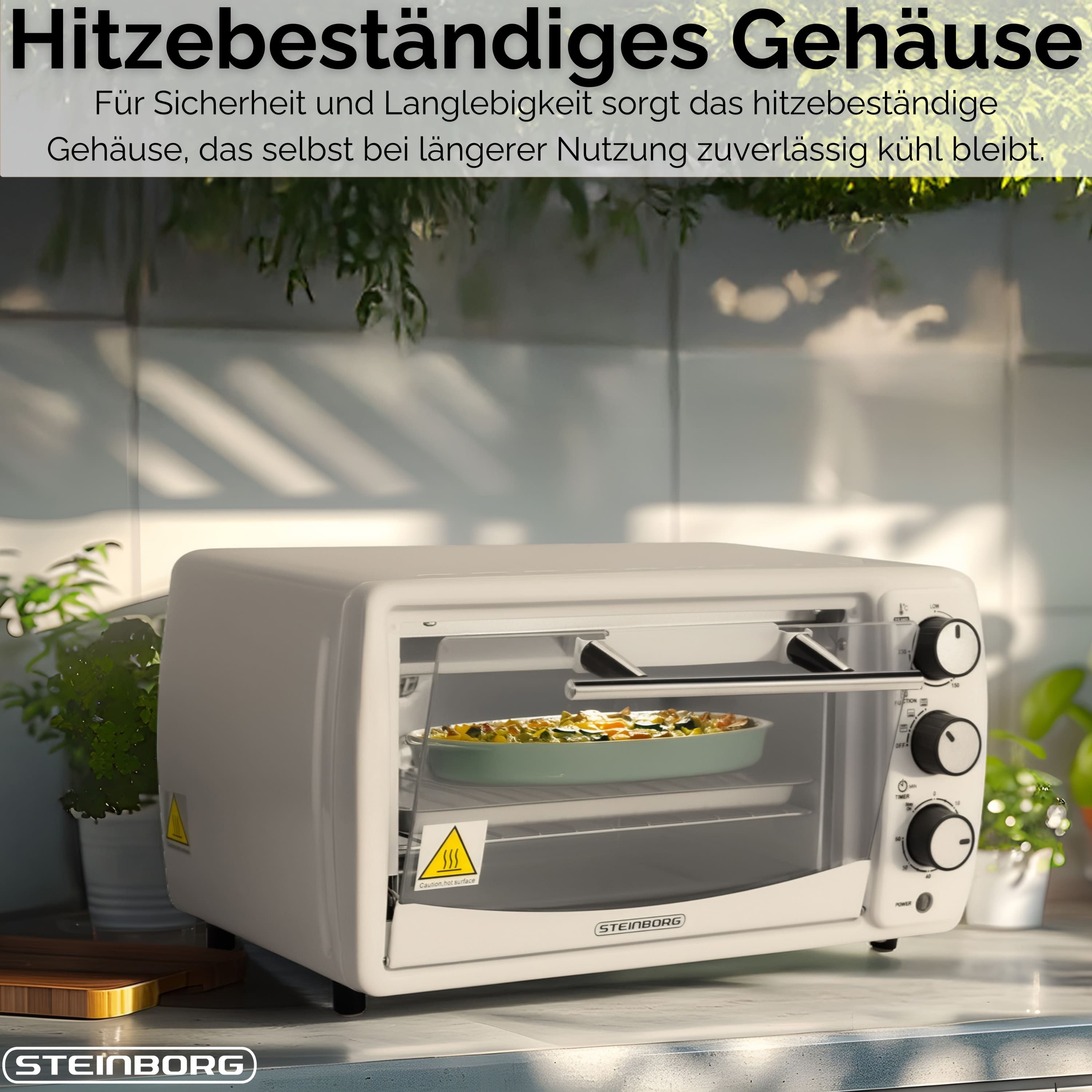 STEINBORG Minibackofen SB-3005w, 13 Liter, Großes Sichtfenster, Hitzebeständiges Gehäuse, 1200 Watt