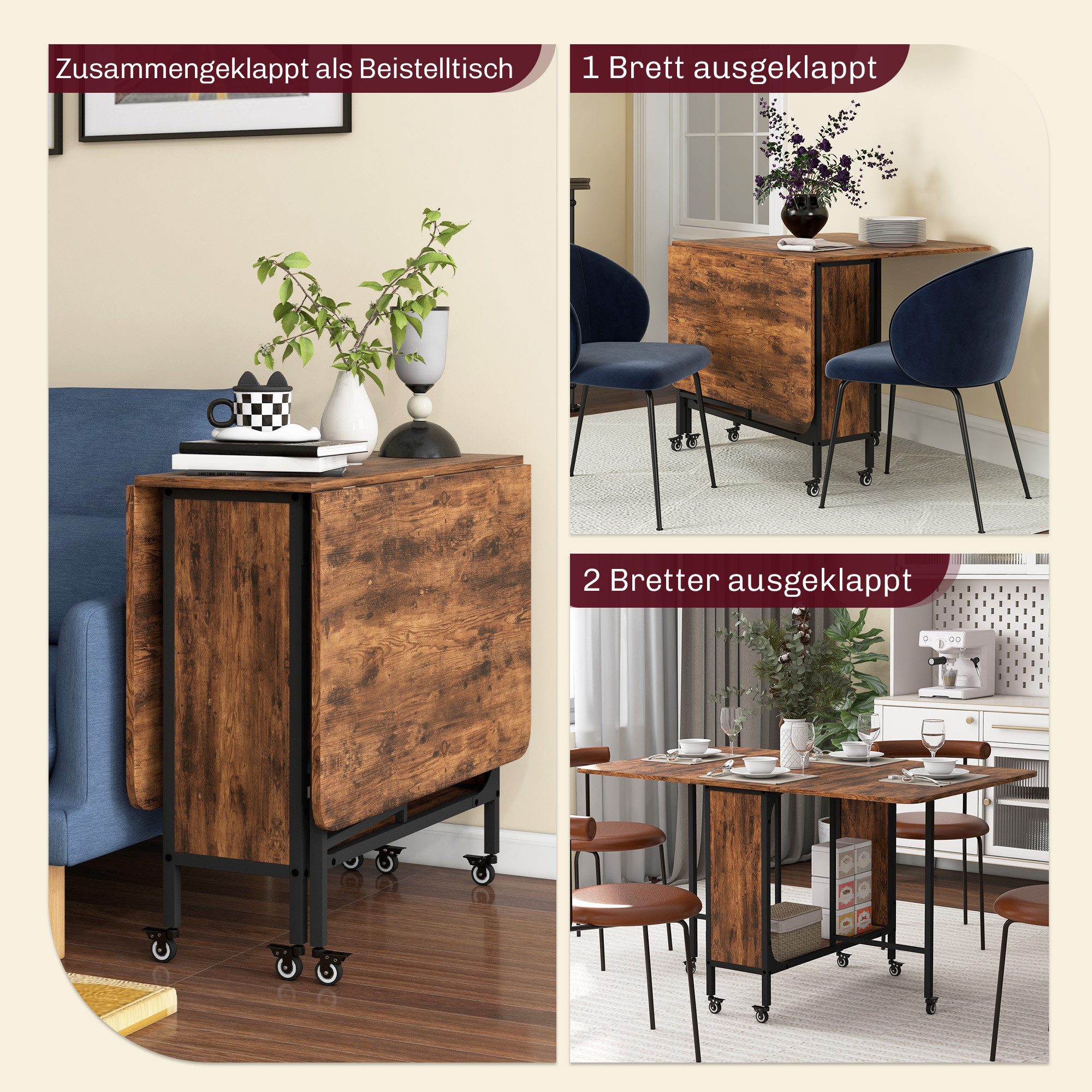 HOMCOM Klapptisch Mobiler Esszimmertisch mit offenem Regal, Holzoptik, für kleine Räume (Küchentisch, 1-St., Esstisch), für Wohnzimmer, Braun – Bild 4 von 5