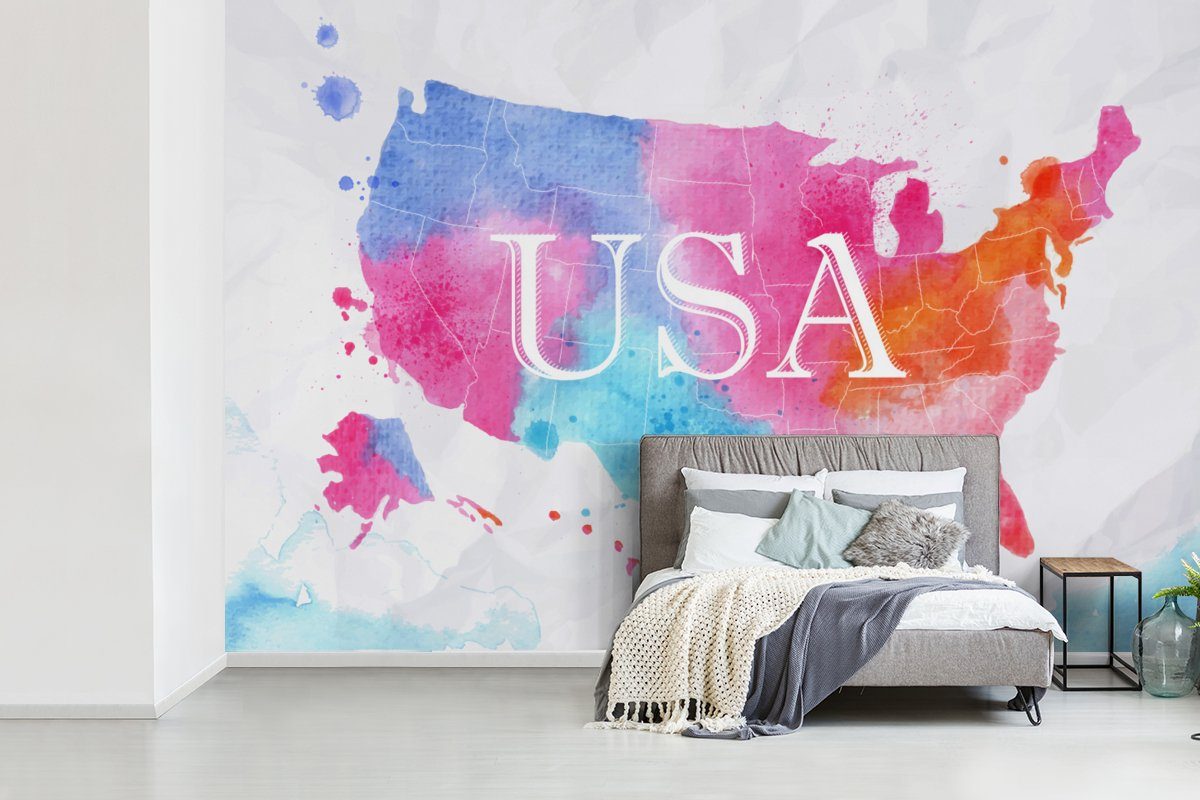 MuchoWow Fototapete Amerika - Weltkarte Wallpaper Tapete für Schlafzimmer, Vinyl - Kinderzimmer, Aquarell, Wohnzimmer, Matt, St), bedruckt, (6