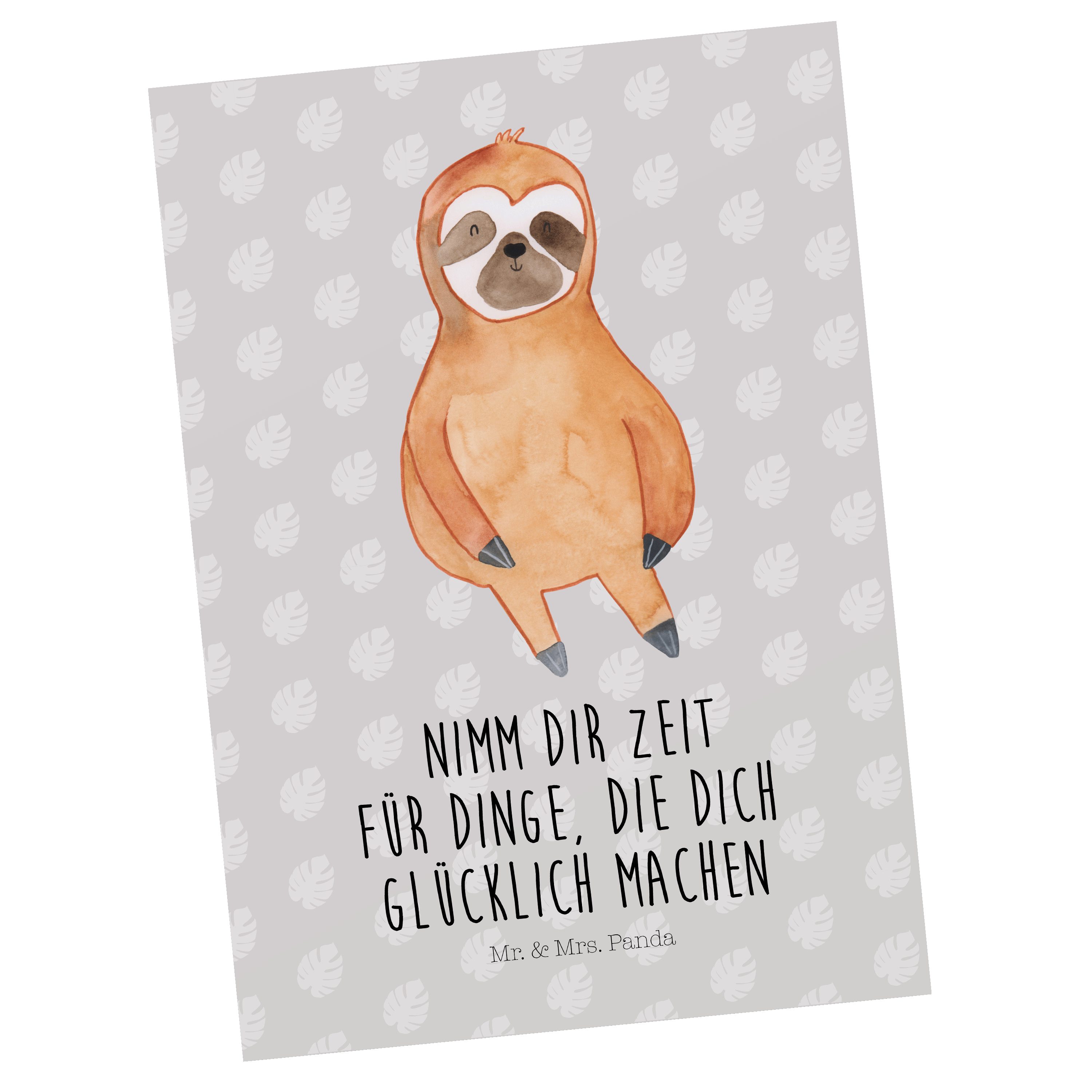 Mr. & Mrs. Panda Postkarte Faultier Zufrieden - Grau Pastell - Geschenk, glücklich, Ansichtskart