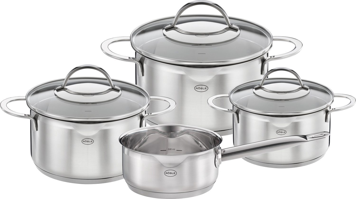 RÖSLE Topf-Set EXQUISITE, Edelstahl 18/10 (Set, 7-tlg., je 1 Kochtopf Ø 16/20/24 cm, 1x Stielkasserolle Ø 16 cm), Ausgießschnaupen u. Innenskalierung, spülmaschinengeeignet, Induktion