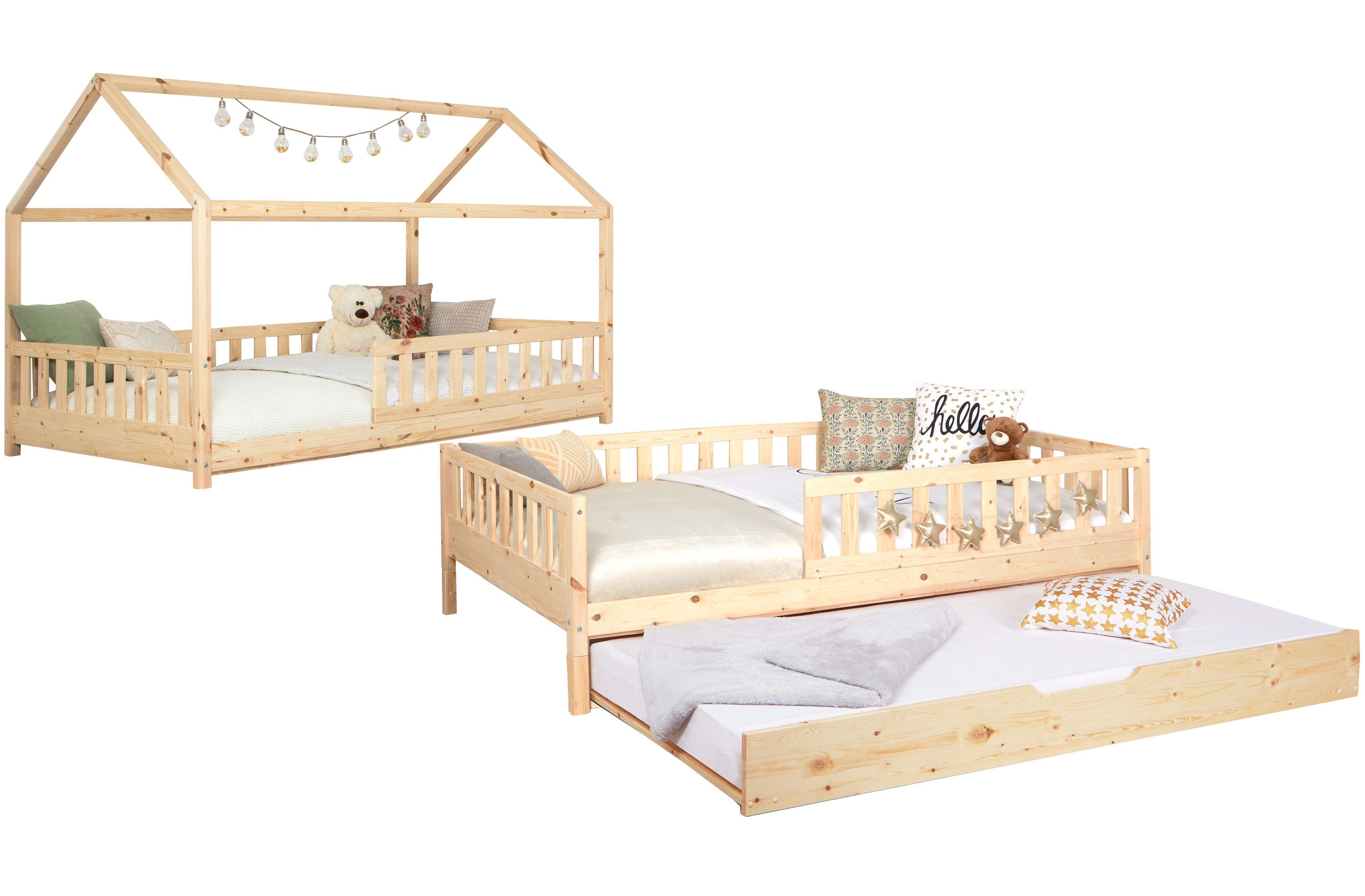 Ticaa Hausbett Duo mit Rausfallschutz und Zusatzbett aus Kiefer