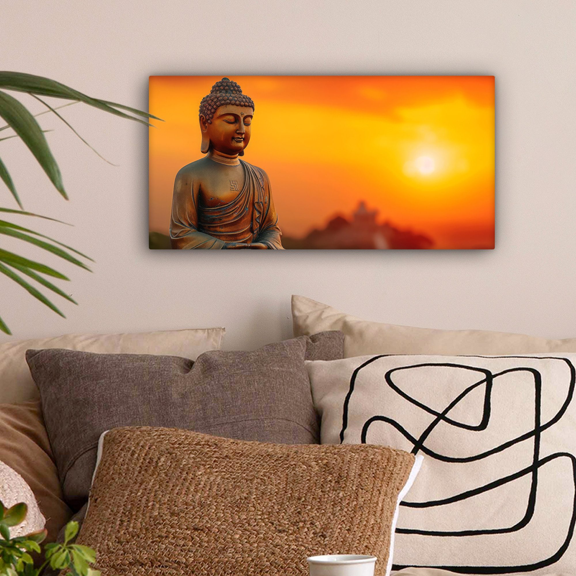 OneMillionCanvasses® Leinwandbild Panorama Buddha - Bild - Sonnenuntergang - Buddha - Zen - Japan, Fotodruck (1 St), Wandbild, Deko Schlafzimmer Wohnzimmer Flur 40x20 cm