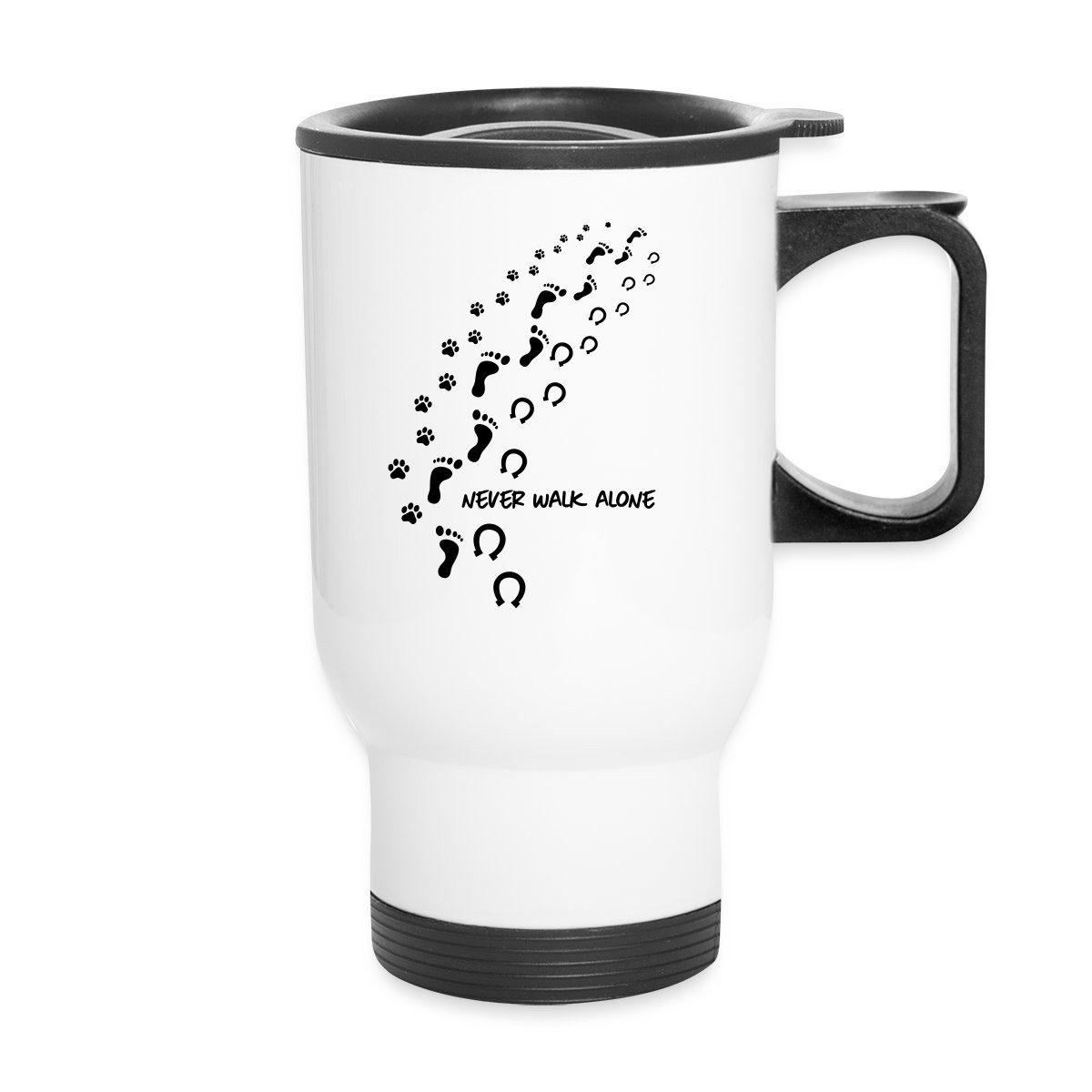 Spreadshirt Tasse Never Walk Alone Hund Mensch Hufabdrücke Thermobecher mit Henkel, Edelstahl