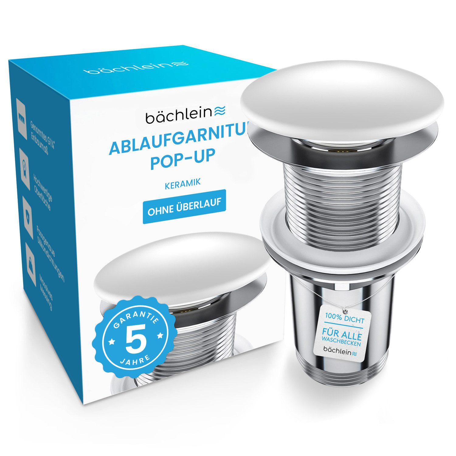 Bächlein Ablaufgarnitur Waschbeckenabfluss Pop Up (Eleganter Keramik Waschbeckenstöpsel) Werkzeugloser Einbau - Click Clack Funktion