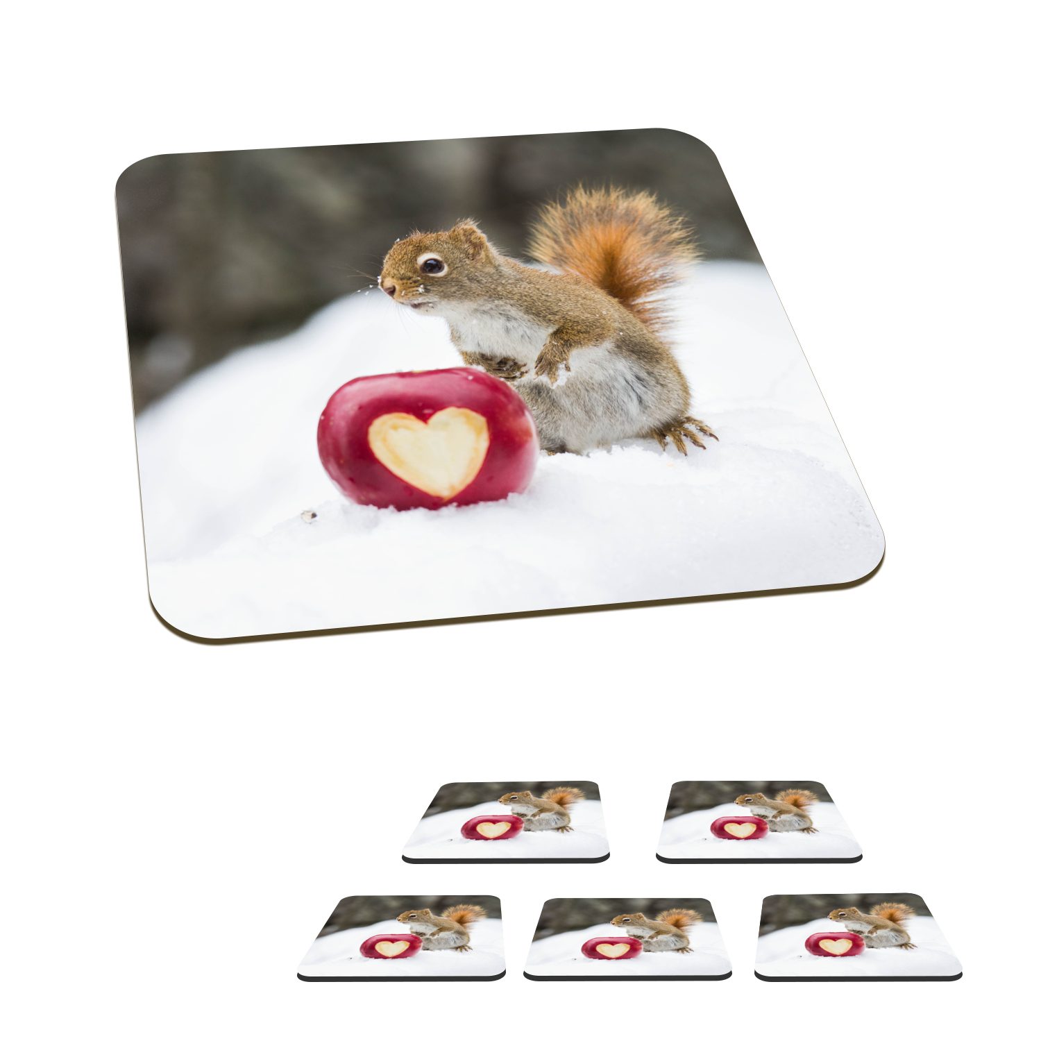 MuchoWow Glasuntersetzer Eichhörnchen mit Apfel, der ein Herz enthält, Zubehör für Gläser, 6-tlg., Glasuntersetzer, Tischuntersetzer, Korkuntersetzer, Untersetzer, Tasse