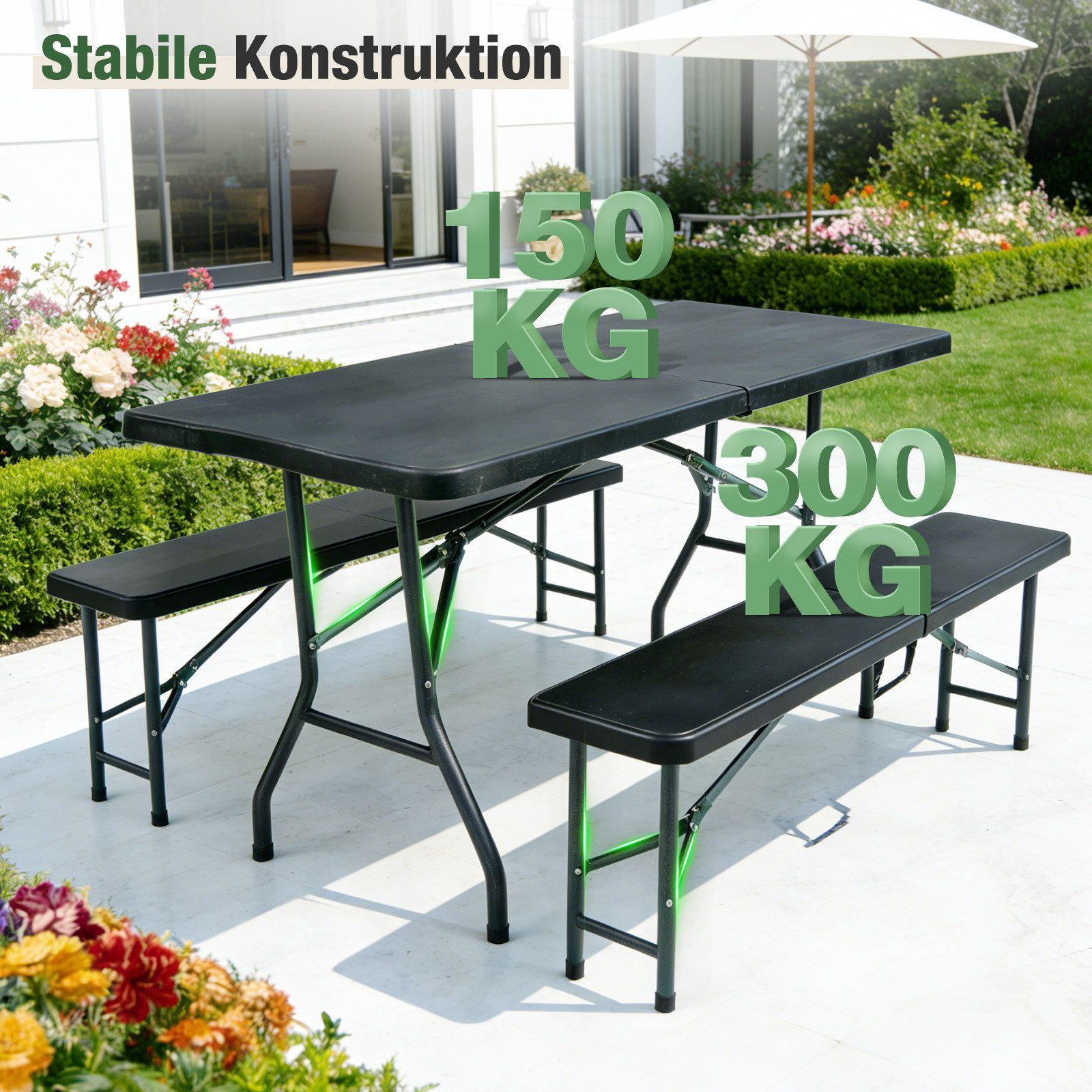 Sekey Bierzeltgarnitur Klappbar Bierzeltgarnitur 180cm Festzeltgarnitur Biertisch Set, 3-teilig, Tisch + 2 x Bierbank, Gartenmöbel Set