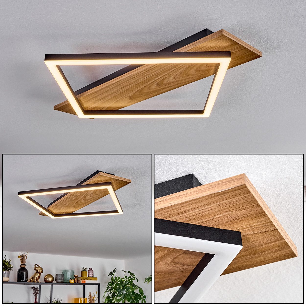 hofstein Deckenleuchte Deckenlampe aus Metall/Kunststoff in Schwarz/Holzopt günstig online kaufen
