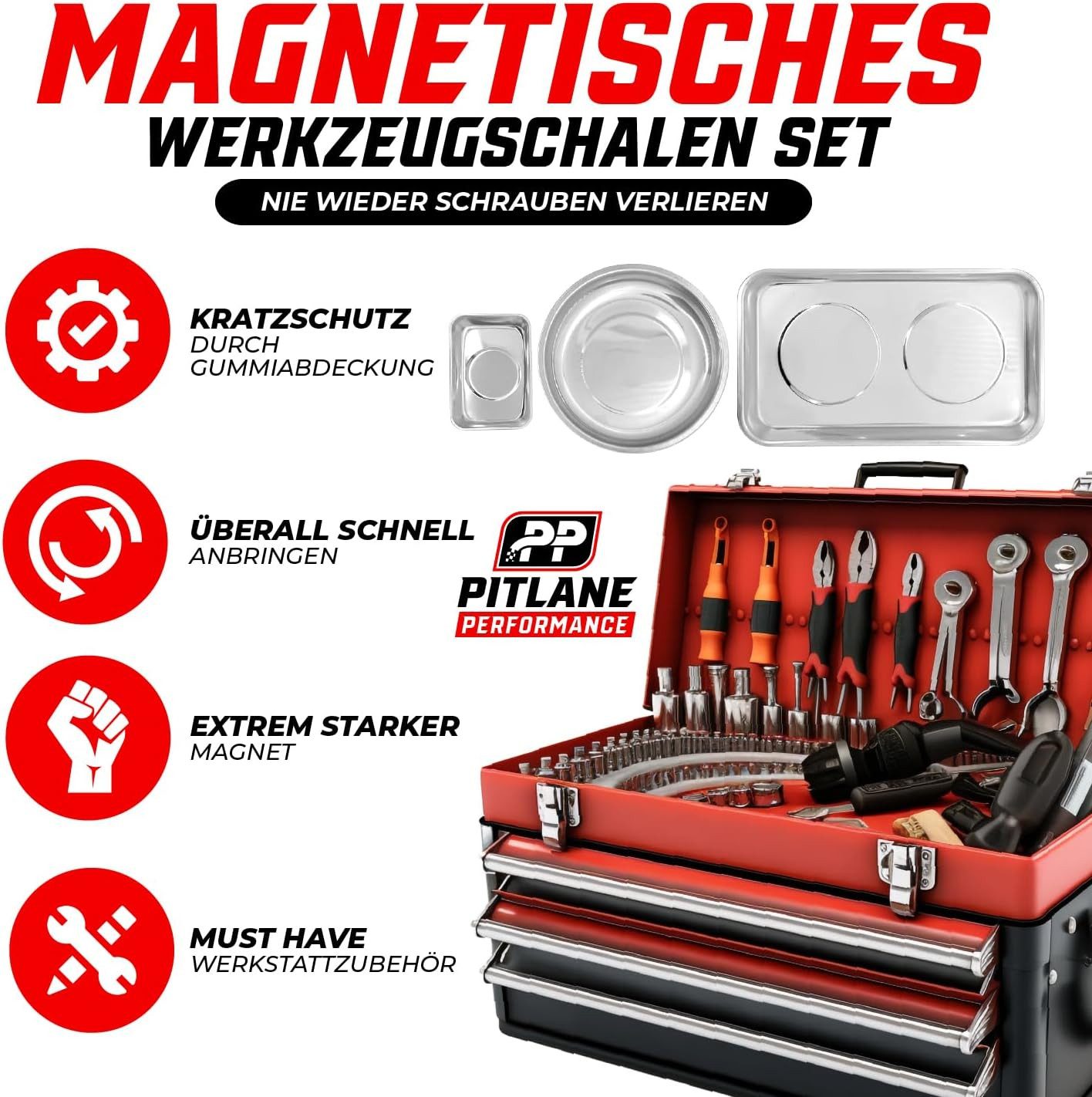 Pitlane Performance Magnethalter Magnet Schraubenschalen Edelstahl 3er Set, 3-Teiliges Set - ideal für Werkstatt, Keller & Heimwerker