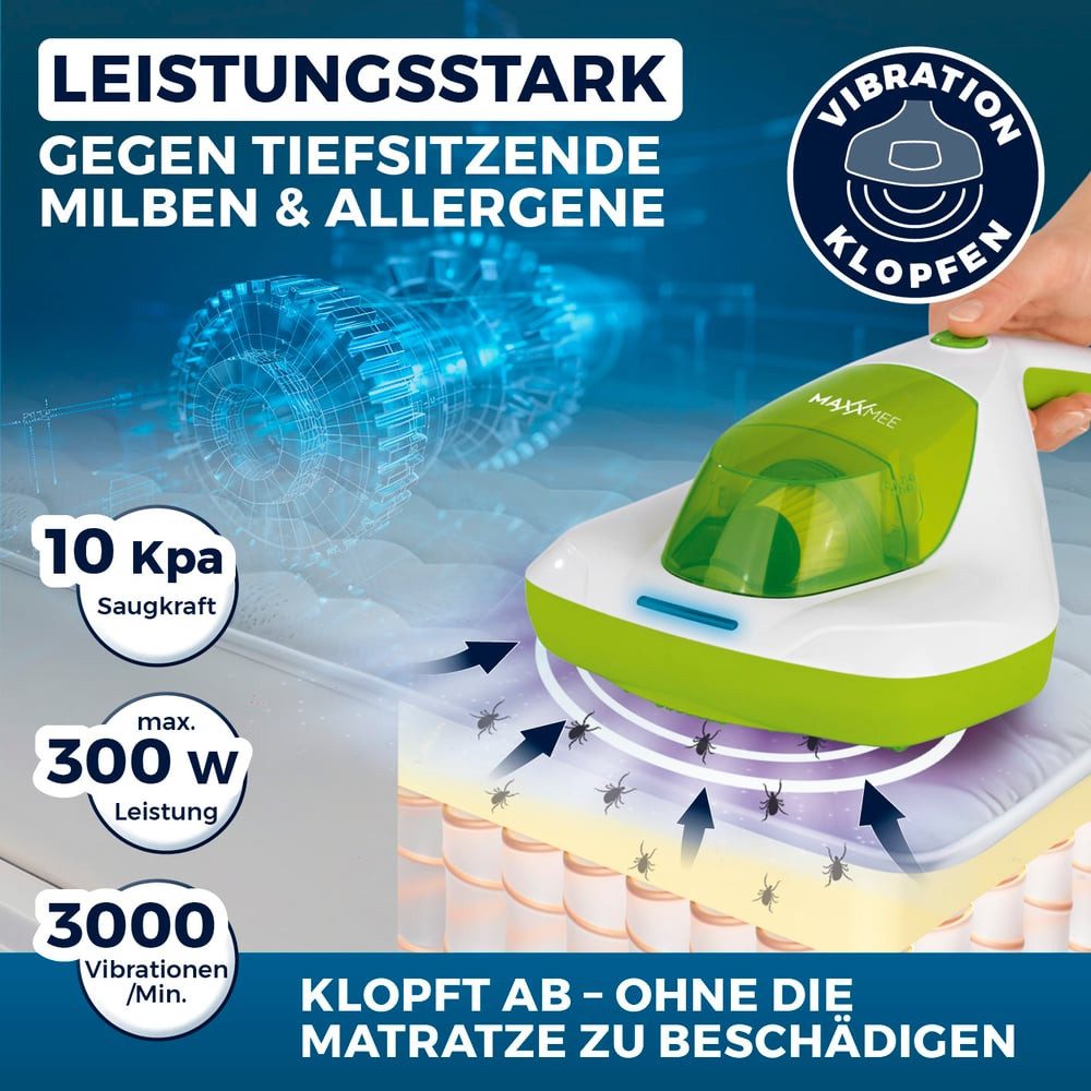 MAXXMEE Matratzenreinigungsgerät Milben-Handstaubsauger Kompakt mit UV-C Licht, 300 W, mit Beutel, Saubere Matratzen Betten frei von Milben Bakterien Staub